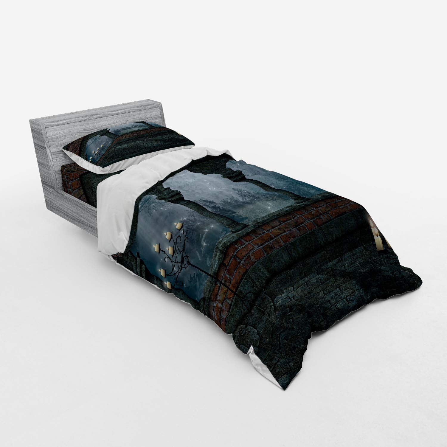 Ambesonne Gothic Duvet Cover Set - Medieval Castle at Night with Old Arch & Candles, 3-Piece Bedding Set (Twin Size, Blue Grey & Red) for Dark Fantasy Bedroom Decor | Perfect for Gothic, Medieval, or Vampire Themed Rooms