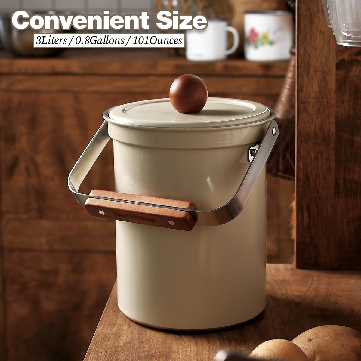 **3L Stainless Steel Compost Bin with Airtight Lid - 101oz Odor-Free Kitchen Countertop Food Waste Container, Wooden Handle & Stylish Design for Home, Office, or Bathroom (Off-White) - Perfect for Eco-Friendly Composting & Organic Waste Disposal**