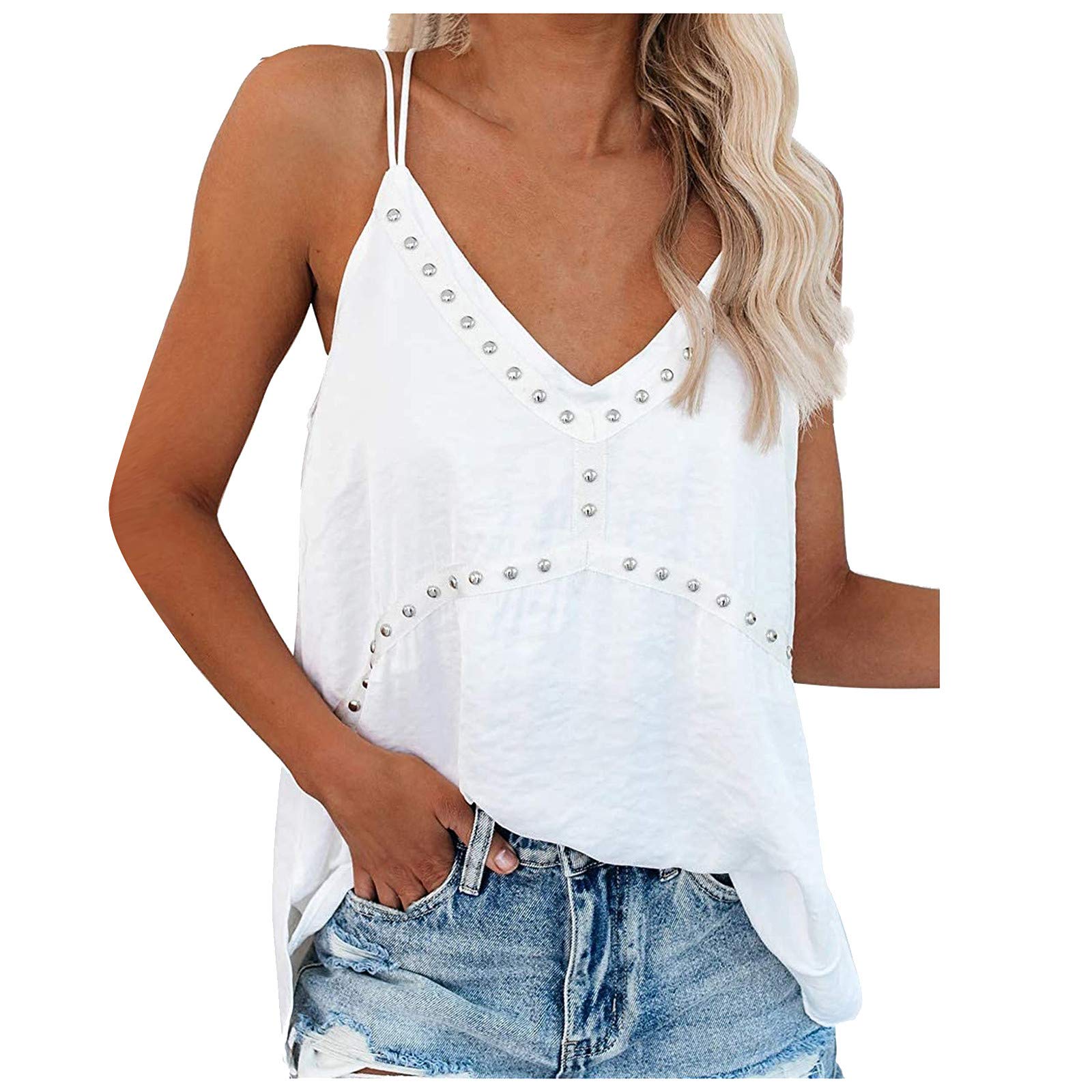 BEIBEIA Women's Summer Sleeveless V-Neck Casual T-Shirt - Loose Fit Printed Blouse for Beach, Travel & Everyday Wear