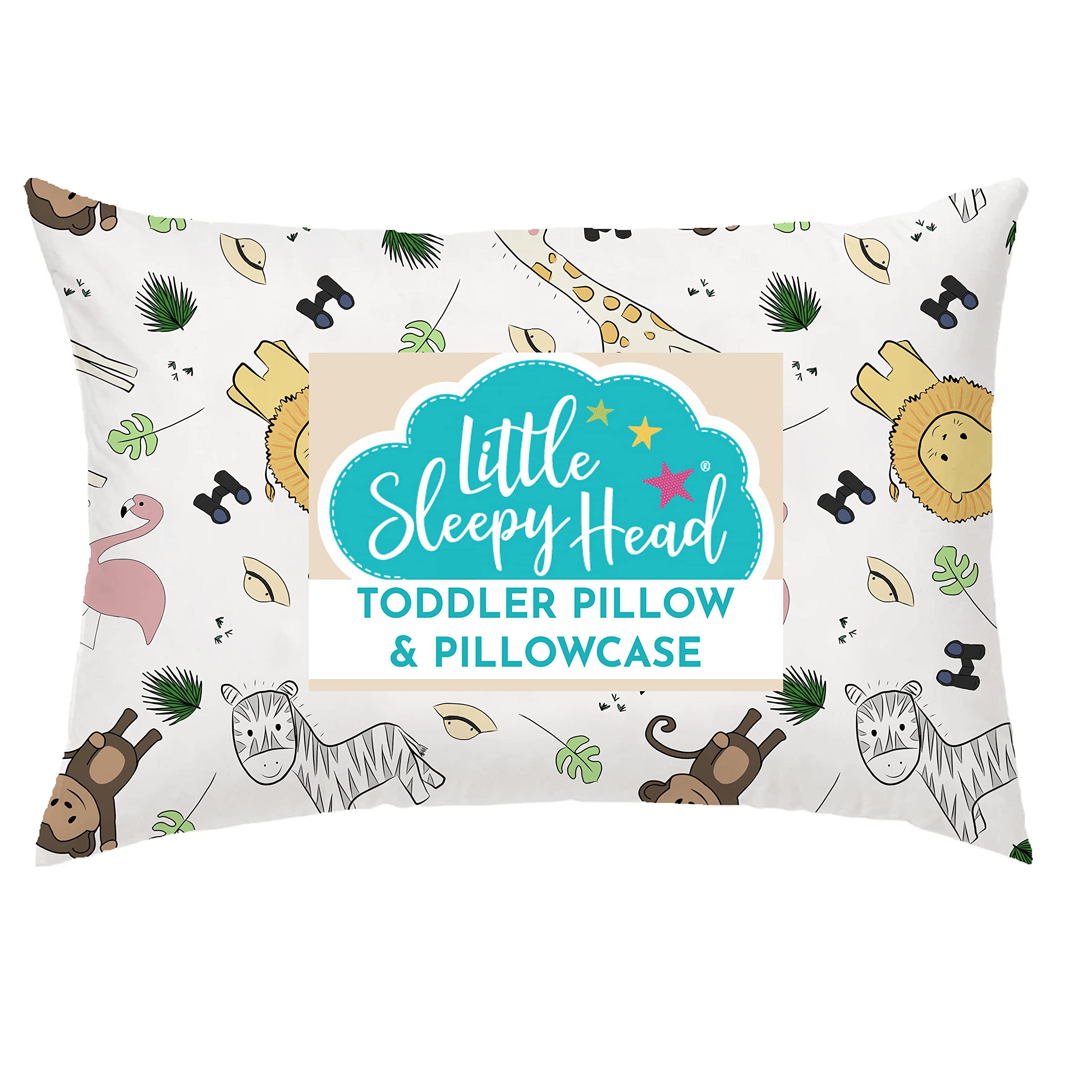 Little Sleepy Head Toddler Pillow 13x18 Inches - Ergonomic Kids Pillow for Better Neck Support with Soft Pillowcase - Best Toddler Sleeping Pillow for Boys & Girls (Safari Print) - Perfect for Nursery, Daycare, Travel & Co-Sleeping