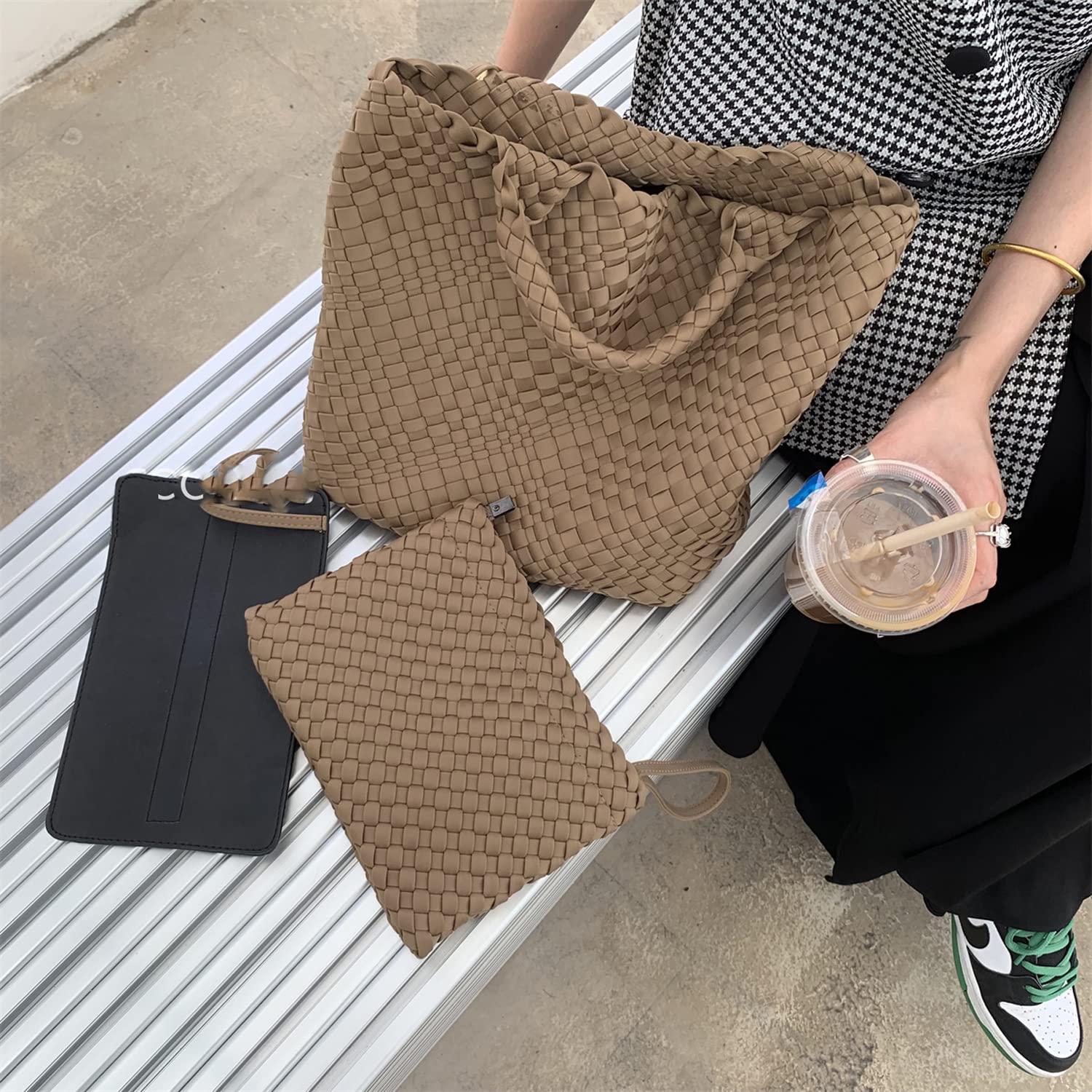 Stylish JINMANXUE Woven Hobo Bag for Women - Neoprene Tote with Large Capacity, Patchwork Design & Handmade Details | Perfect for Work, Travel & Casual Outings