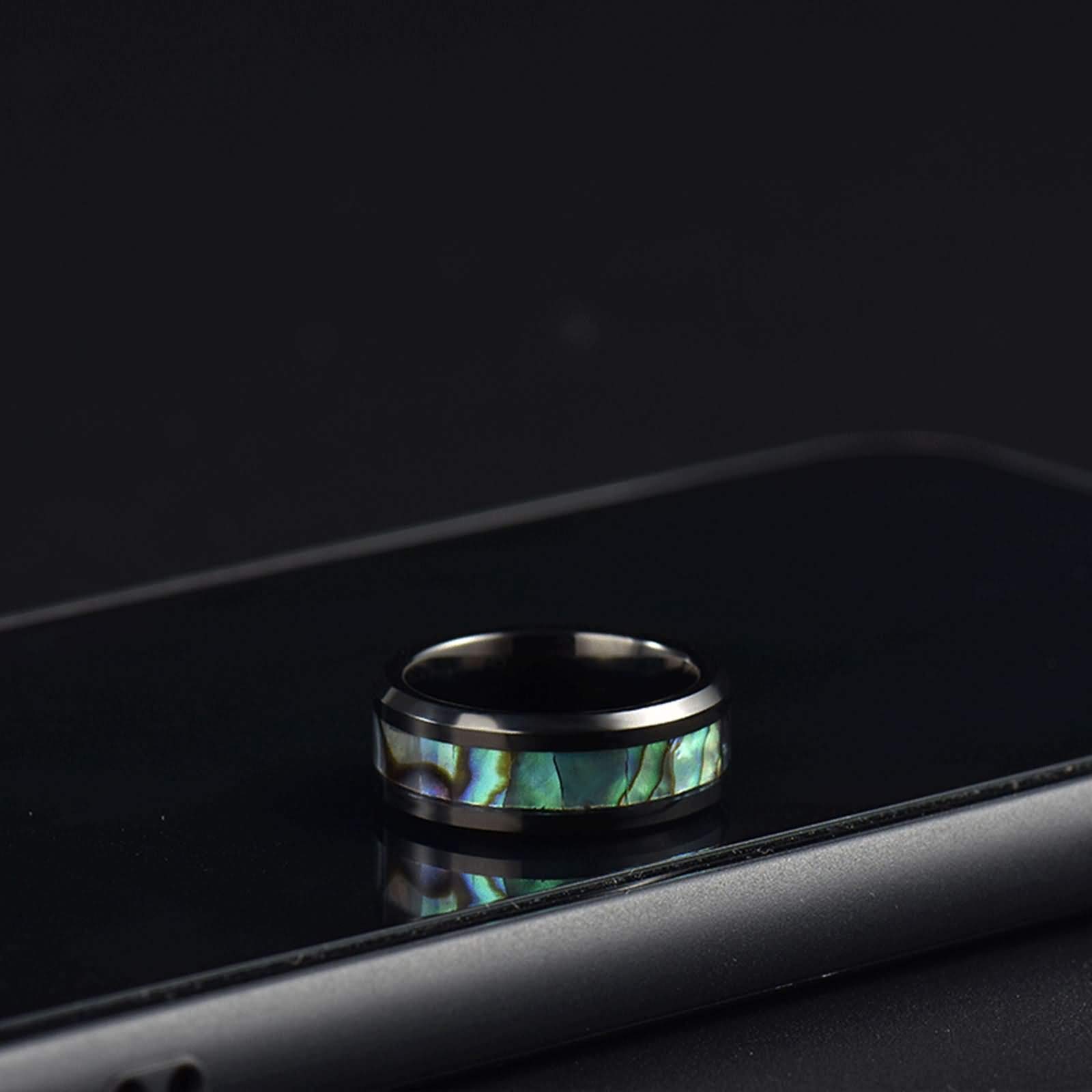 Custom Stainless Steel 8MM Abalone Shell Engagement Ring for Men - Black Wedding Band Size 6-14 - Perfect for Proposals, Anniversaries & Unique Gifts