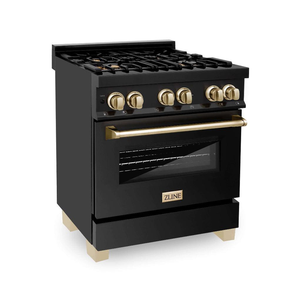 ZLINE Autograph Edition 30-inch Black Stainless Steel Dual Fuel Range with Range Hood & Dishwasher - Kitchen Package with Polished Gold Accents (3AKP RABRHDWV30 G) | Premium Cooking Set for Modern Kitchens, Restaurant-Style Experience at Home