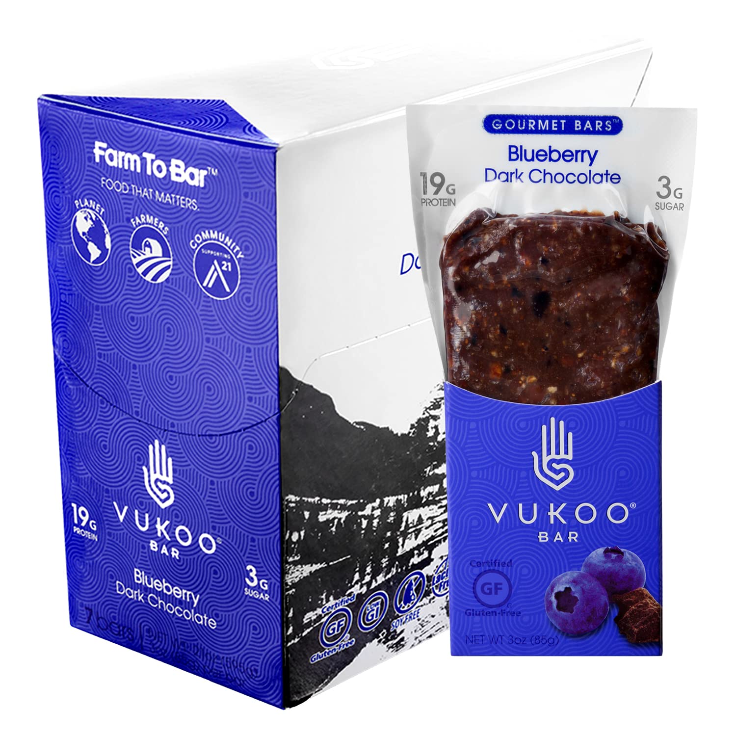 Vukoo Refrigerated Protein Bars - Blueberry Dark Chocolate Flavor (28 Pack) | 19g Protein, Organic Oats, Low Sugar, High Fiber, Gluten Free | Healthy Snack for Workouts, Hiking & On-the-Go Nutrition