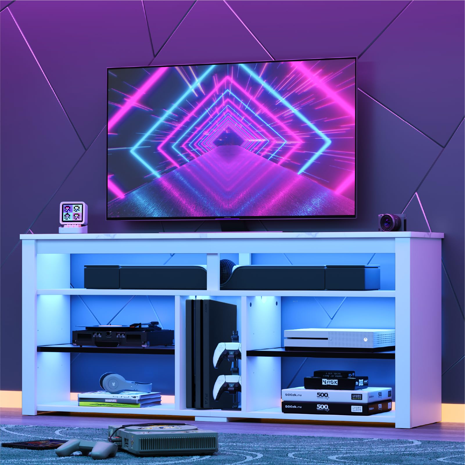 Bestier 55 inch LED TV Stand with Storage - Entertainment Center for PS4, Xbox, 60/65 inch TVs - Adjustable Shelf Media Console - White Marble TV Cabinet for Living Room, Bedroom & Game Room
