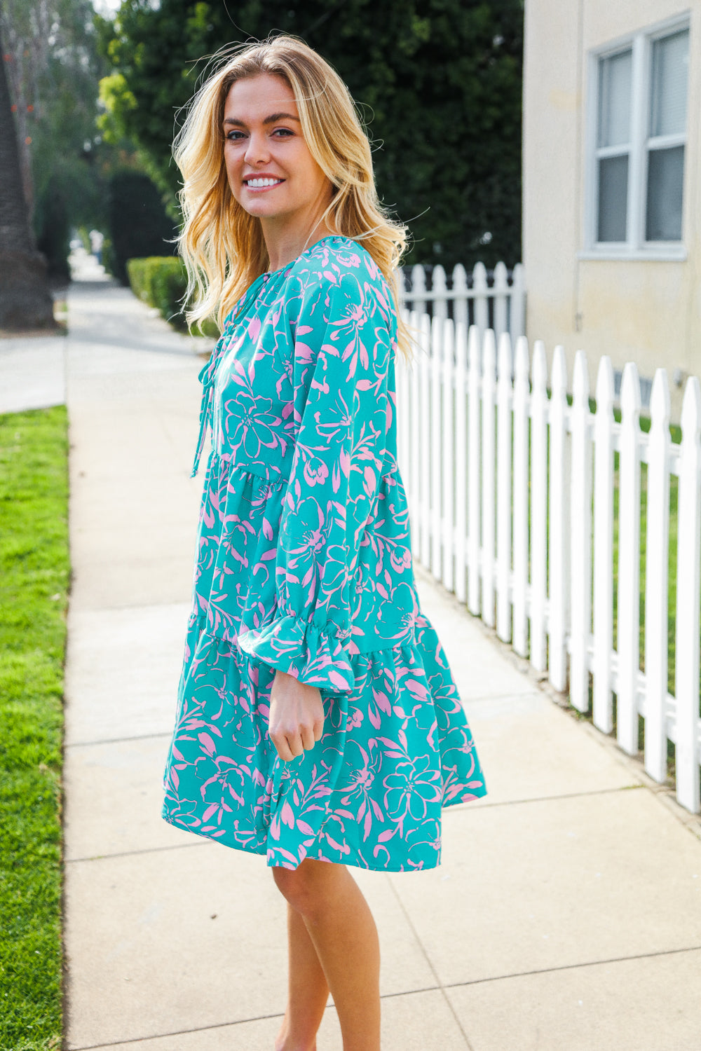 Boho Romance Mint Green Floral Print Tiered Dress with Front Ribbon Bow - Perfect for Summer Weddings, Garden Parties & Date Nights