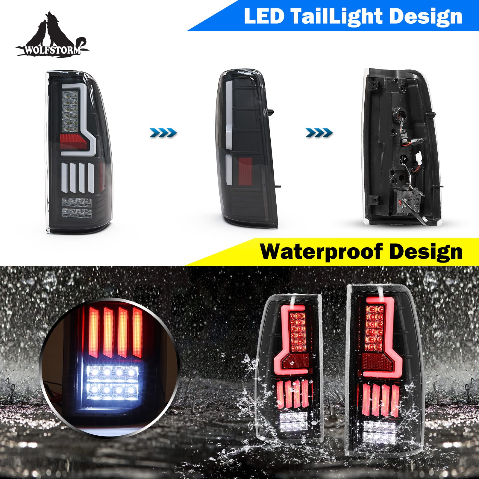 WOLFSTORM LED Tail Lights for 1999-2006 Chevy Silverado & 1999-2002 GMC Sierra - Clear Lens Replacement Assembly (Not Fit Barn Door/Stepside) - Upgrade Truck Lighting for Safety & Style