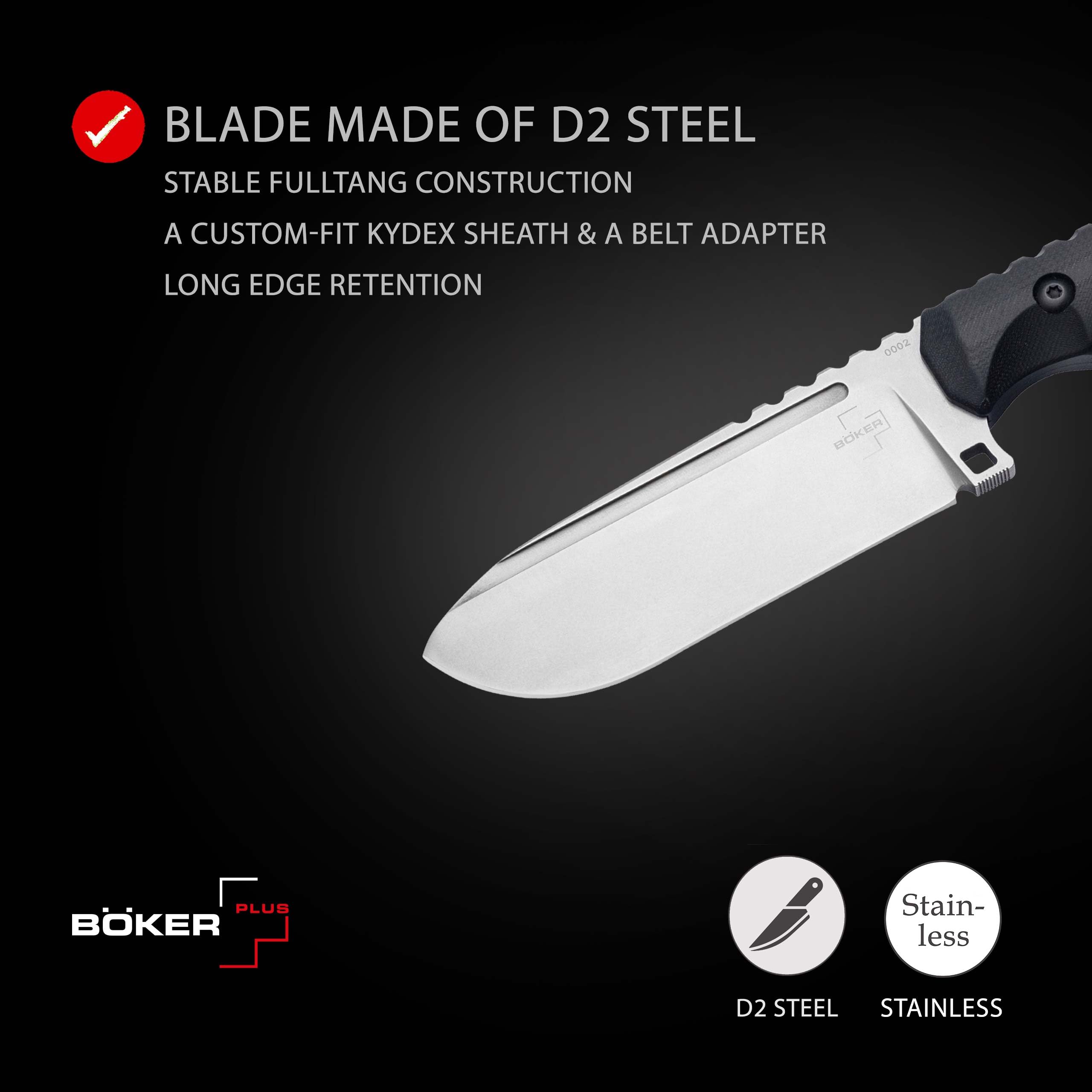 BÖKER PLUS Hermod 2.0 Tactical Fixed Blade Knife - D2 Steel Full Tang Survival & Outdoor Knife with Kydex Sheath - Gift Box Included for Camping, Hunting, and Emergency Preparedness