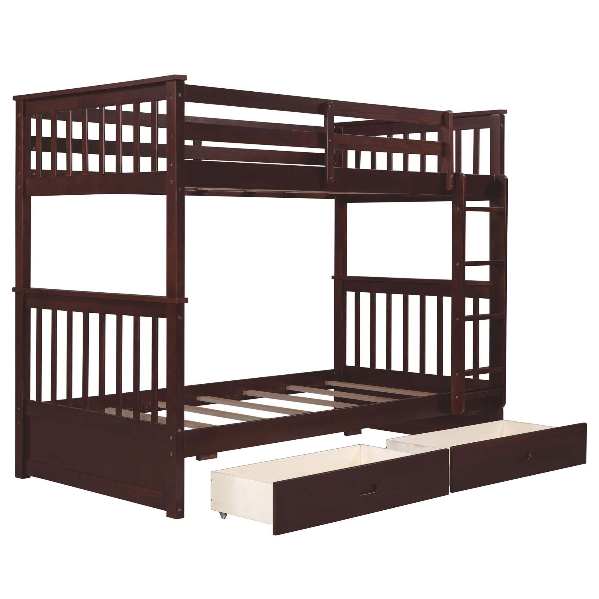 SOFTSEA Twin Over Twin Bunk Bed Frame with Ladders & 2 Large Storage Drawers - Solid Wood Twin Size Bunk Bed for Kids, Teens & Adults - No Box Spring Needed - Espresso Finish - Perfect for Small Bedrooms, Guest Rooms & Vacation Homes