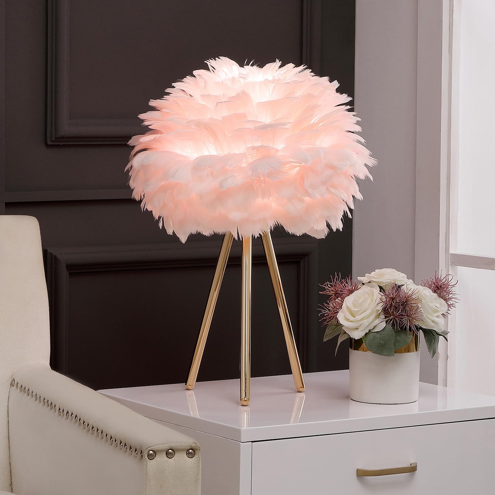 Pink Feather Tripod Lamp - Aesthetic Gold Desk Lamp for Bedroom, Living Room, Girls Room Decor | Unique Large Table Lamp & Bedside Lighting for Home, Dorm, Office