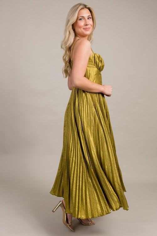 Elegant Chartreuse Satin Pleated Midi Dress for Women - Perfect for Cocktail Parties, Weddings & Special Occasions