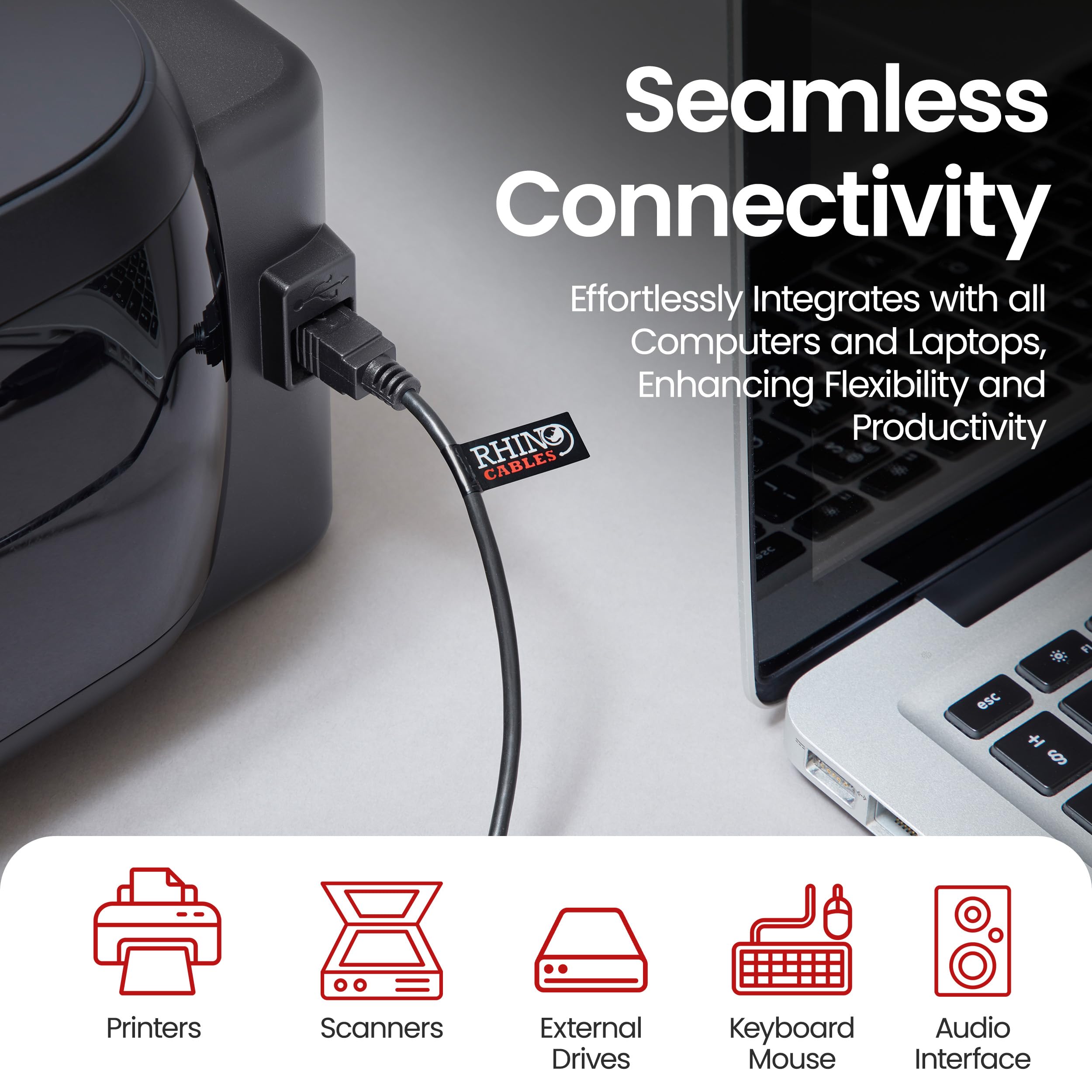 Rhinocables USB 2.0 Printer Cable 6ft - Gold-Plated Connectors, 480Mbps High-Speed Data Transfer, A Male to B Male for HP Epson Canon Brother Printers & External Hard Drives - Durable Multi-Shielded Black Cord for Home Office & Studio Use