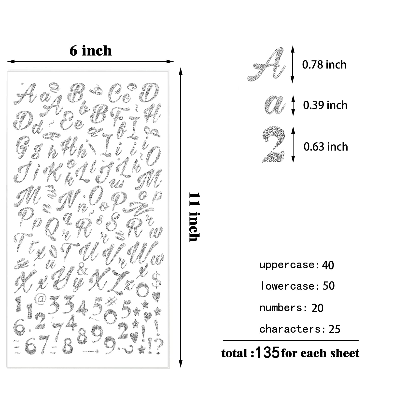 540pcs Silver Glitter Cursive Alphabet & Number Stickers - Self-Adhesive Script Letter Stickers for Scrapbooking, Graduation Cap Decoration, DIY Crafts, Journals, Cards and Home Decor