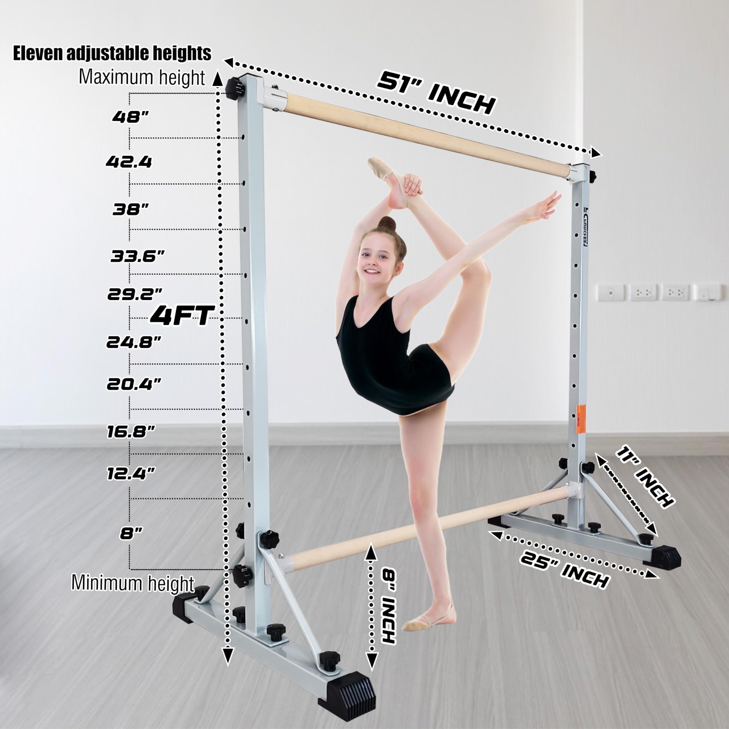 Adjustable Ballet Barre - Portable Dance Bar for Home & Studio, Sturdy Fitness Equipment for Dance, Balance & Stretching Exercises, Supports Up to 250 lbs - Perfect for Ballet Practice, Yoga & Workout Training