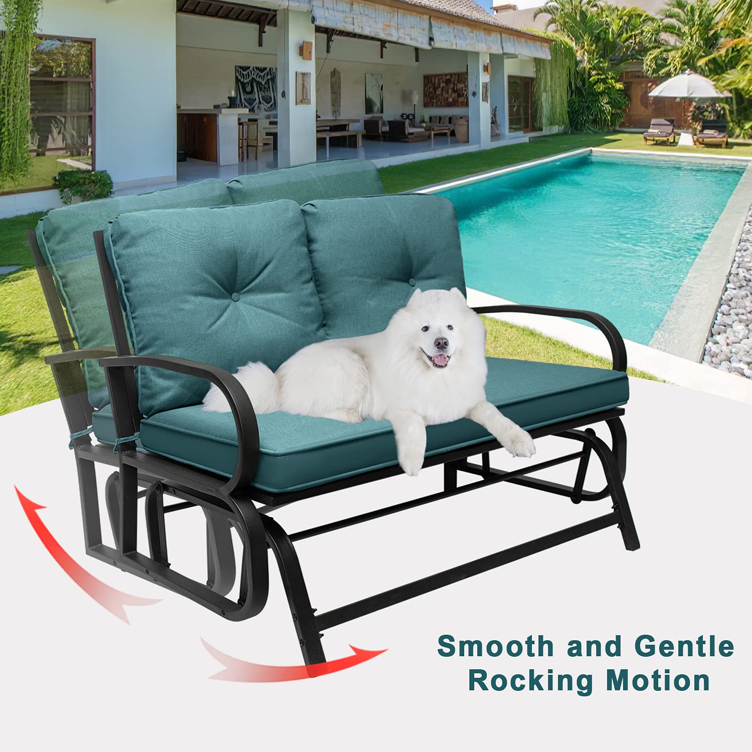 Patio Glider Swing Bench Loveseat - 2-Person Outdoor Metal Rocking Chair with Steel Frame & Thickened Cushions (Peacock Blue) - Perfect for Backyard, Garden, Deck Relaxation