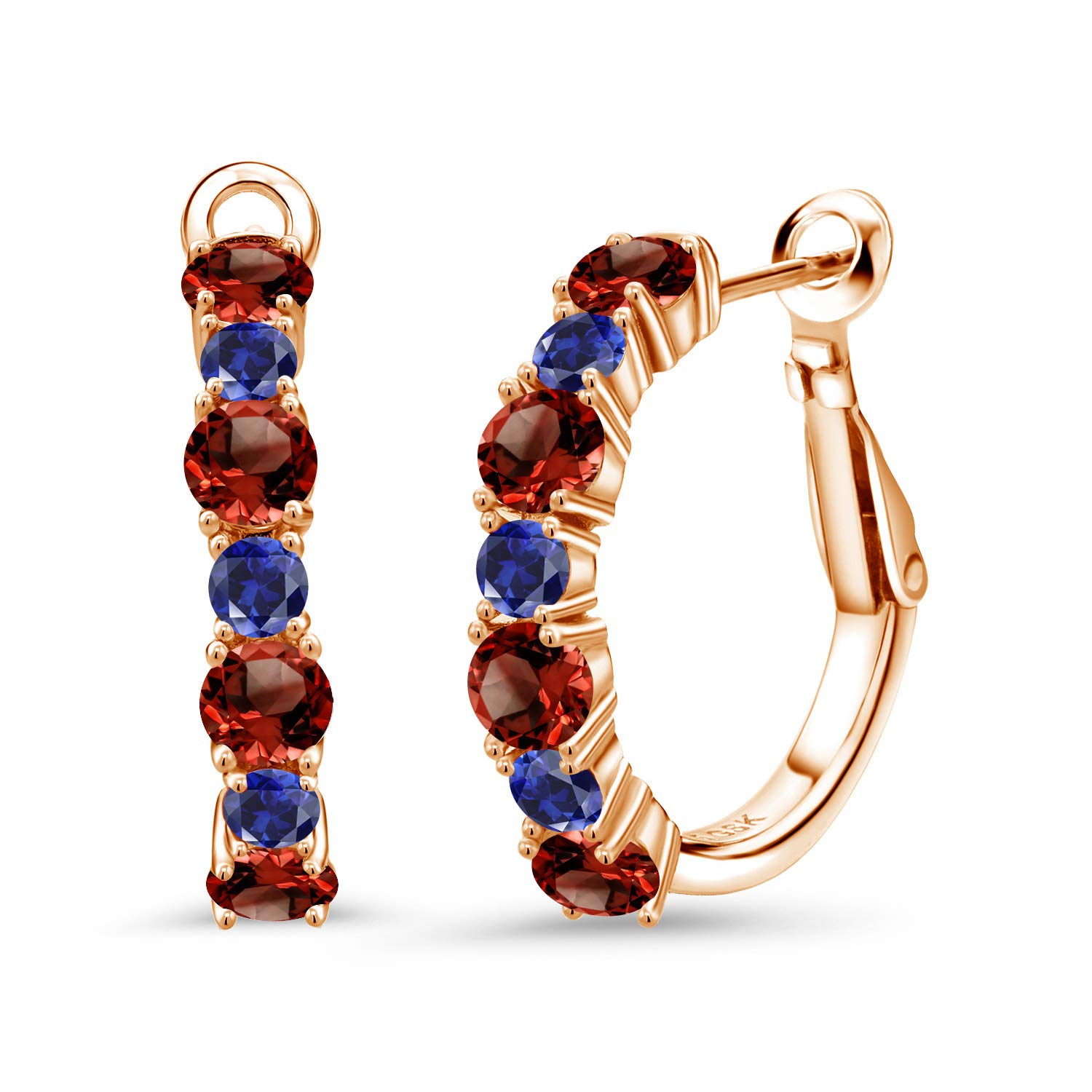 6.08 Ct Natural Red Garnet & Blue Created Sapphire 18K Rose Gold Plated Silver Hoop Earrings for Women | Elegant Dangle Earrings for Party, Wedding & Everyday Wear | Gem Stone King