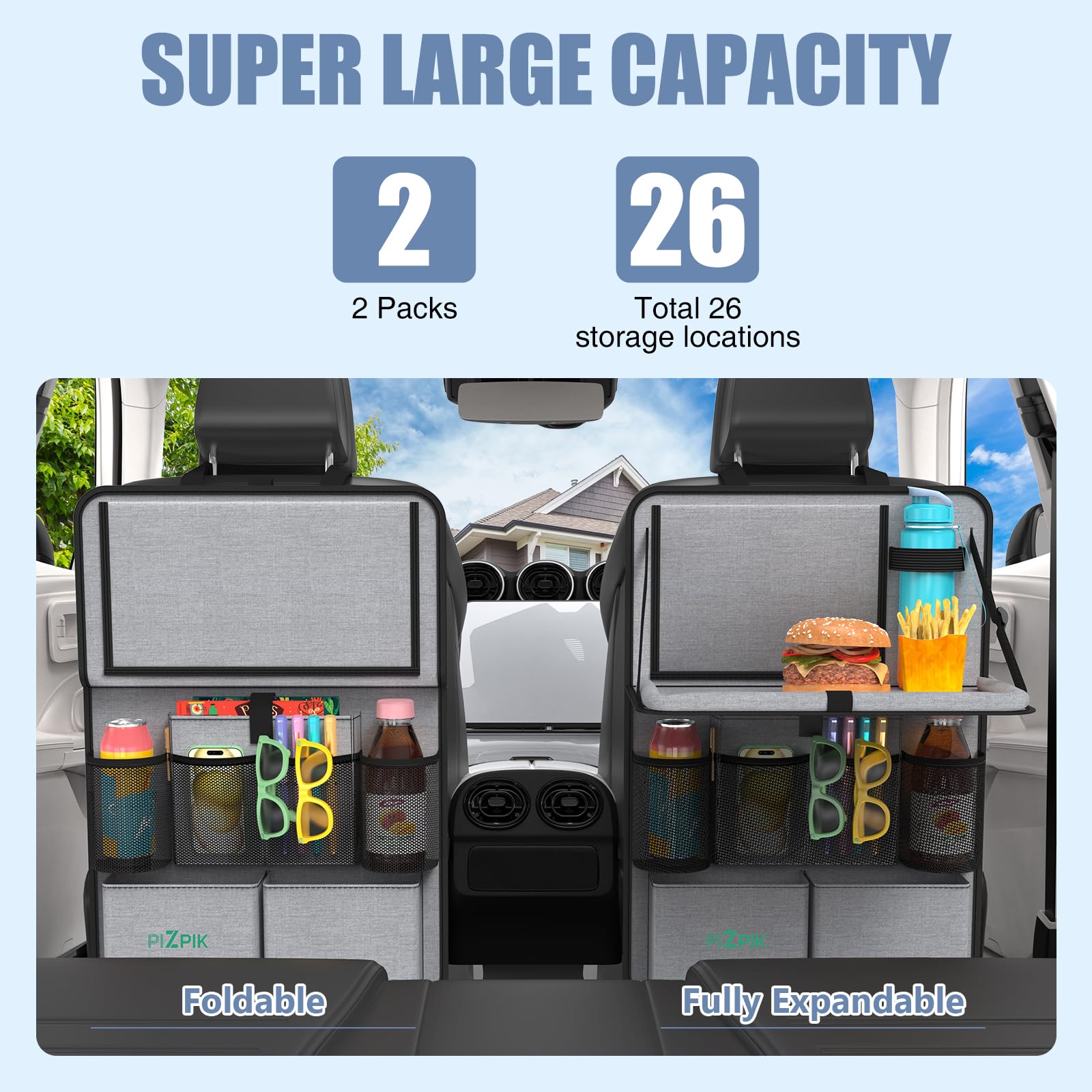 Car Backseat Organizer with Tablet Holder - 11 Storage Pockets & Foldable Food Tray - Kids Kick Mats Protector - Travel Accessories Organizer (Gray, 2 Pack) - Perfect for Road Trips, Family Travel & Keeping Kids Entertained