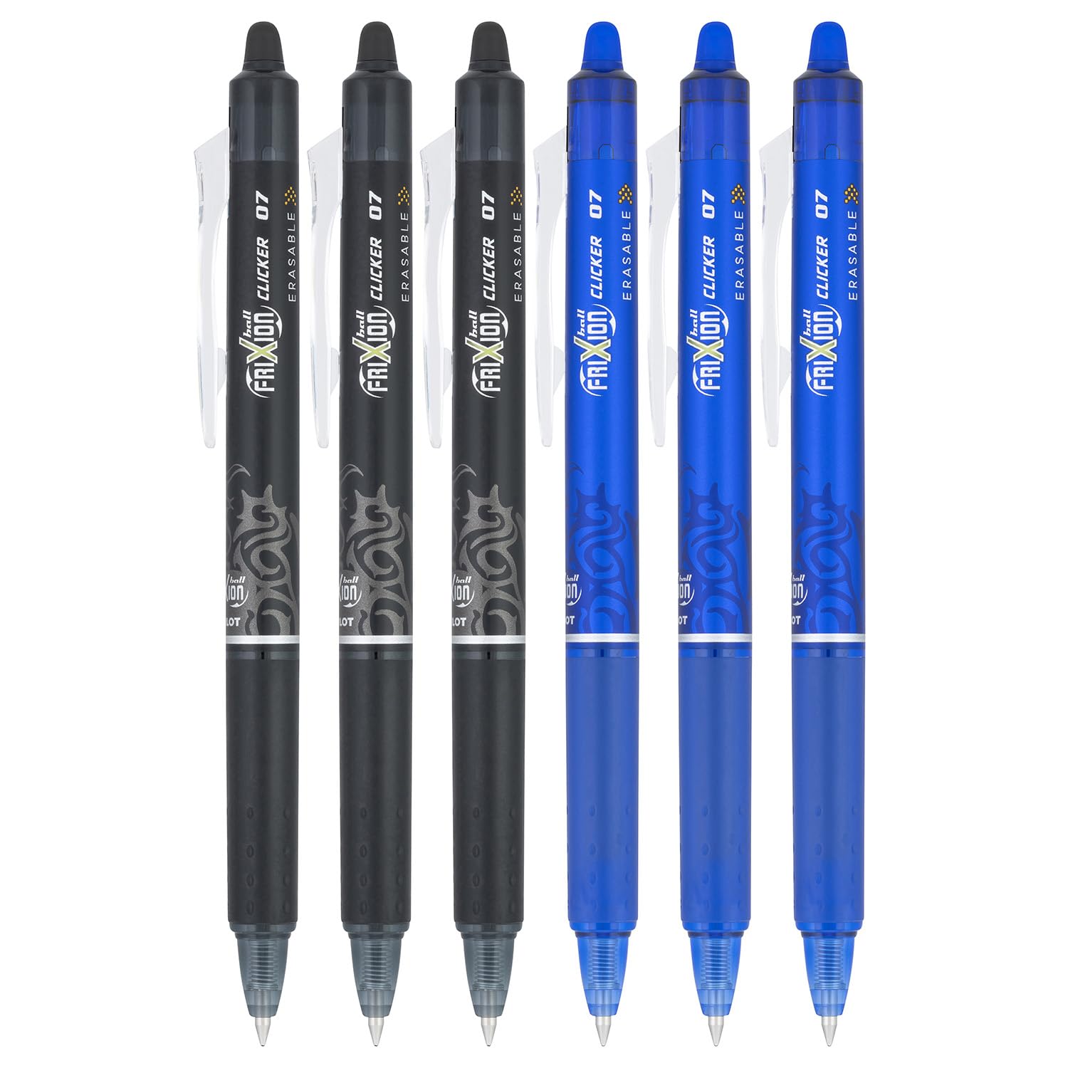 Pilot FriXion Clicker 0.7mm Erasable Gel Pens - 6 Pack Fine Point Black & Blue Ink - Perfect for School, Office & Note Taking