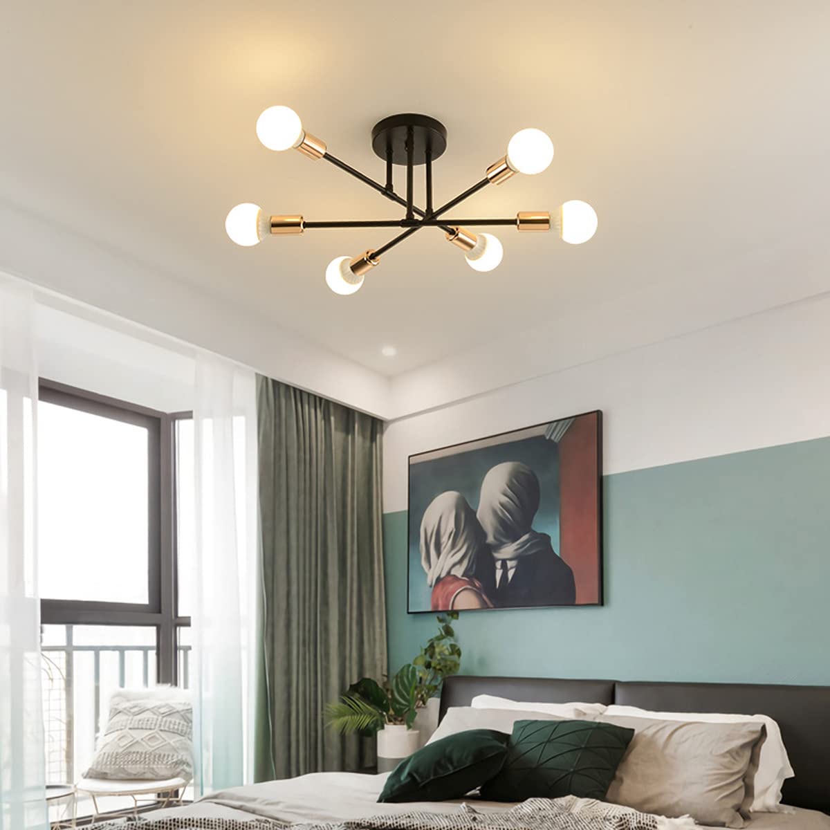 Modern 6-Light Semi Flush Mount Chandelier - Black & Gold Contemporary Ceiling Light Fixture for Living Room, Bedroom, Dining Room, Kitchen & Office | Elegant Home Lighting for Dining Areas, Entryways and Modern Interiors