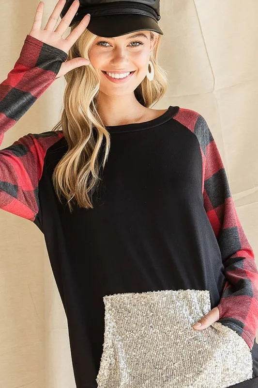 French Terry Top with Sequins & Kangaroo Pocket - Black/Red Checkered Women's Casual Shirt for Everyday Wear & Layering