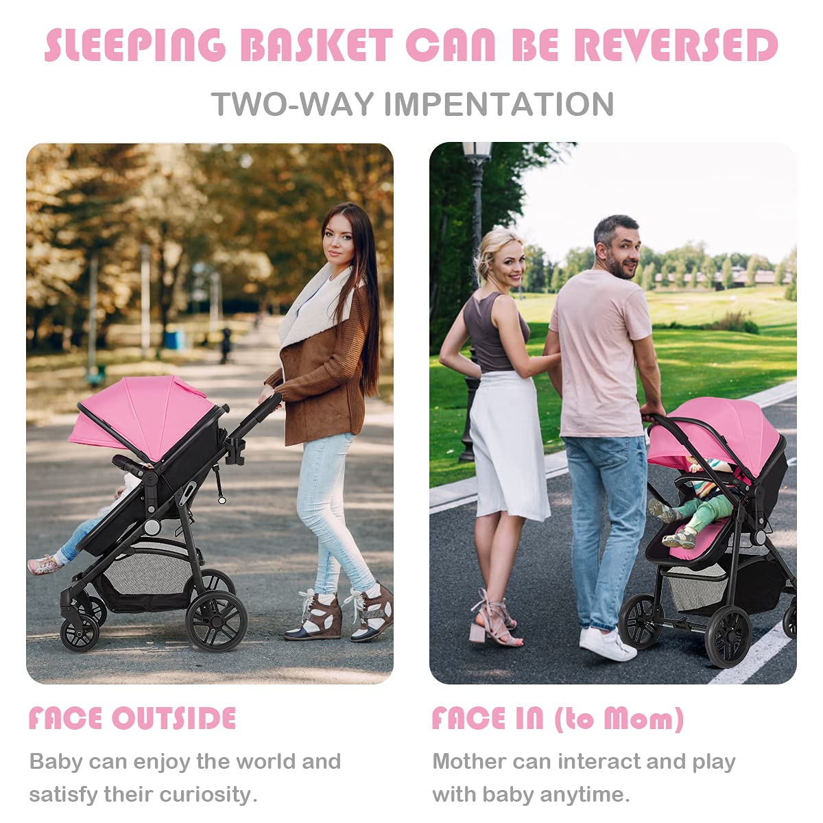 **HONEY JOY Baby Stroller - Convertible Infant Bassinet Stroller with Adjustable Canopy & Backrest, Large Storage Basket & Cup Holder, Foldable Newborn Carriage Pram (Pink) | Perfect for Walks, Travel & Shopping**