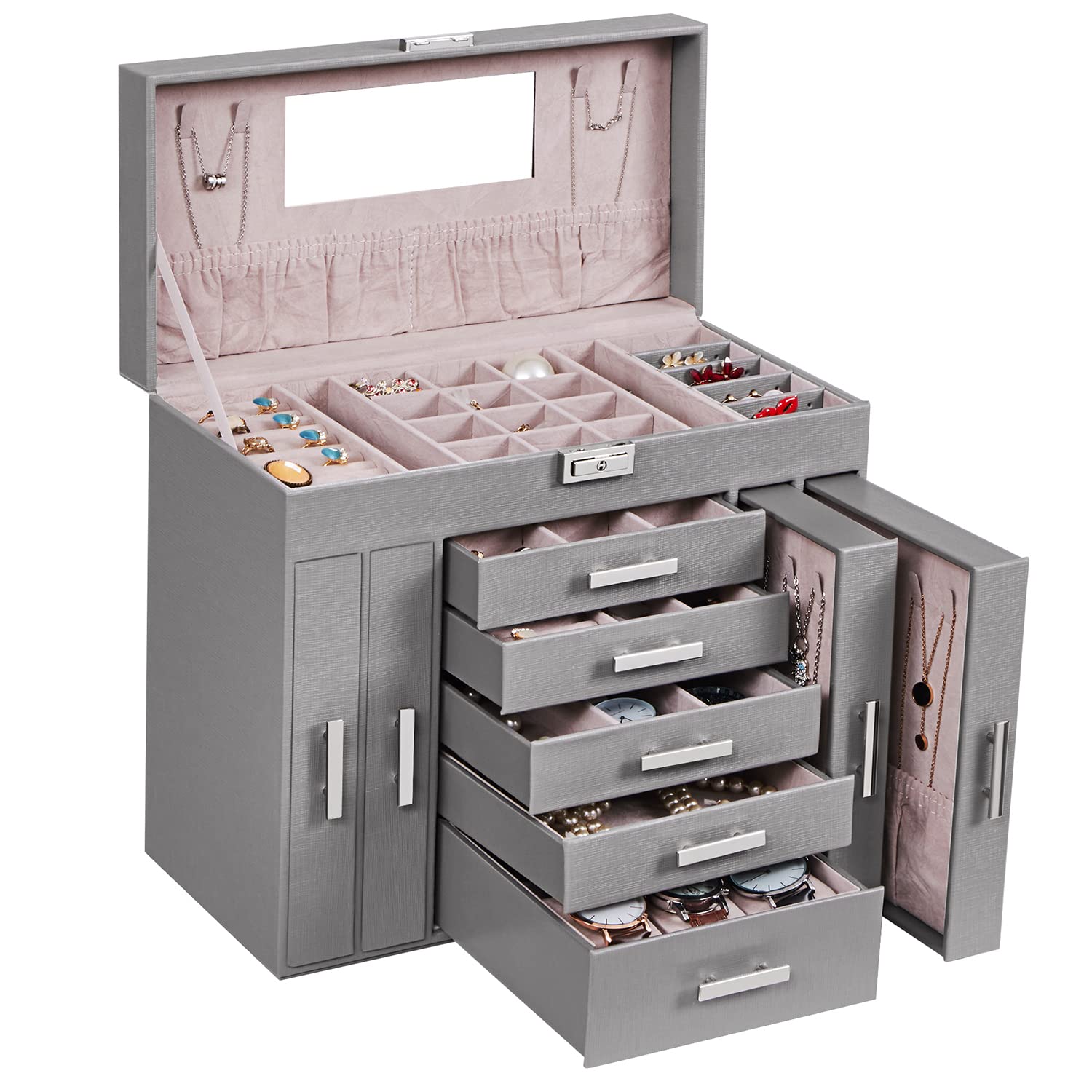 ANWBROAD 6-Tier Large Jewelry Organizer Box with Lock & Mirror - Faux Leather Jewelry Storage Case for Earrings, Rings, Necklaces, Bracelets - Perfect Gift for Women (Grey) - Ideal for Bedroom Vanity, Travel & Home Organization