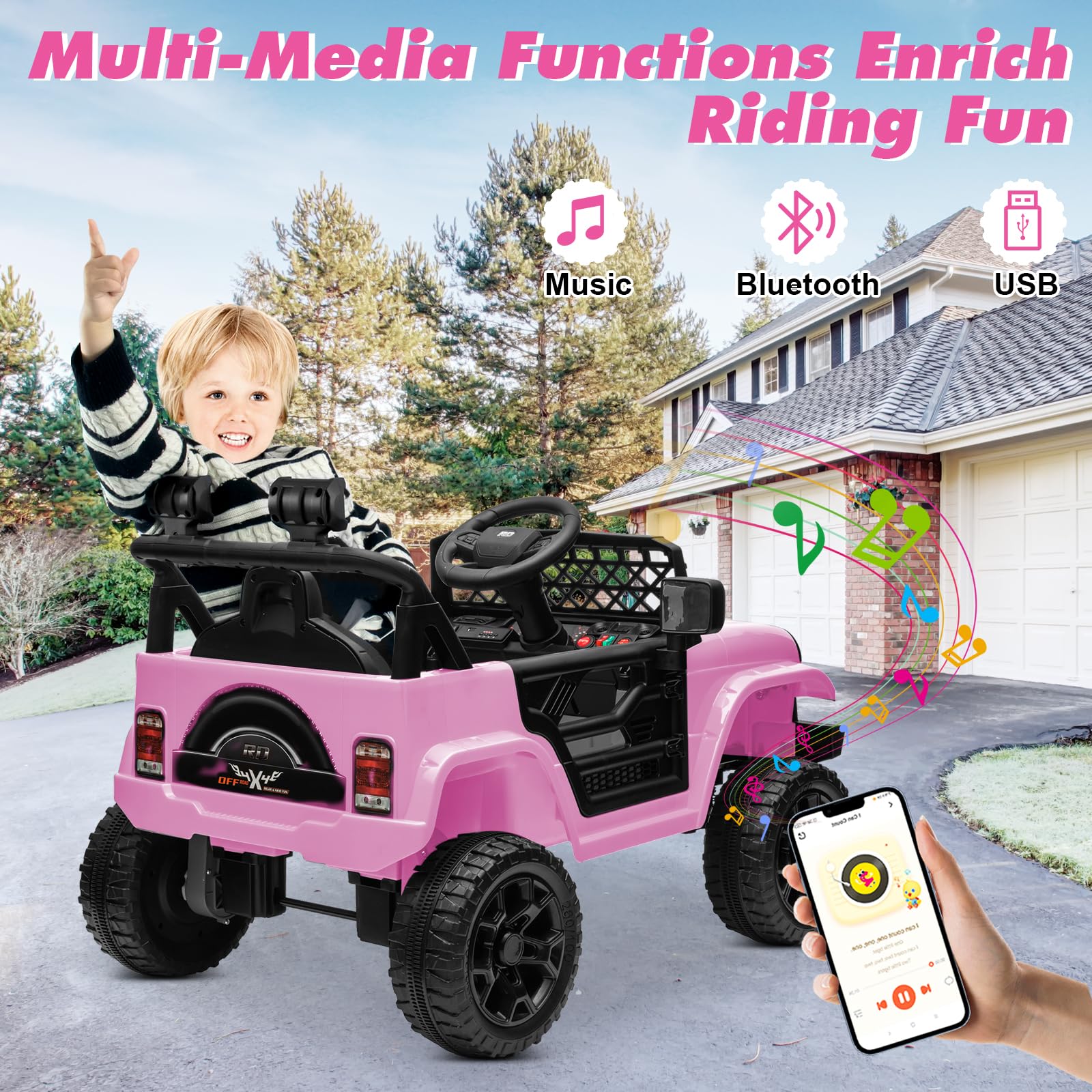 12V Electric Ride On Truck for Kids - 4-Wheel Remote Control Car with Bluetooth Music, LED Lights & Spring Suspension - 3 Speed Adjustable Pink Toy Jeep for Boys & Girls - Perfect for Birthday Gifts, Outdoor Play & Backyard Adventures