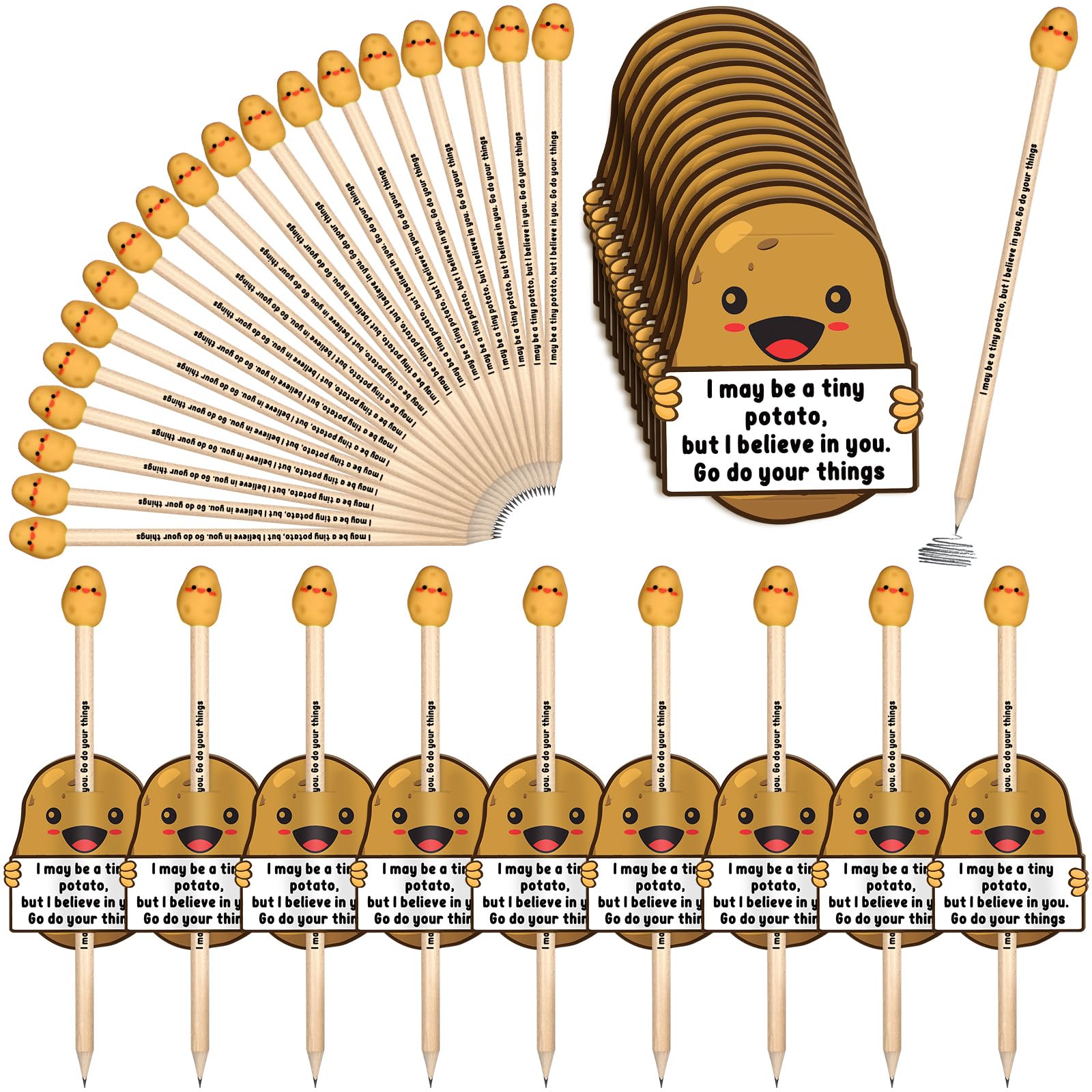 100 Sets Inspirational Positive Potato Pencils with Funny Cards - Motivational Student Gifts for Classroom Rewards, Teacher Appreciation & Office Favors - Perfect for Back to School, Study Encouragement & Work Motivation