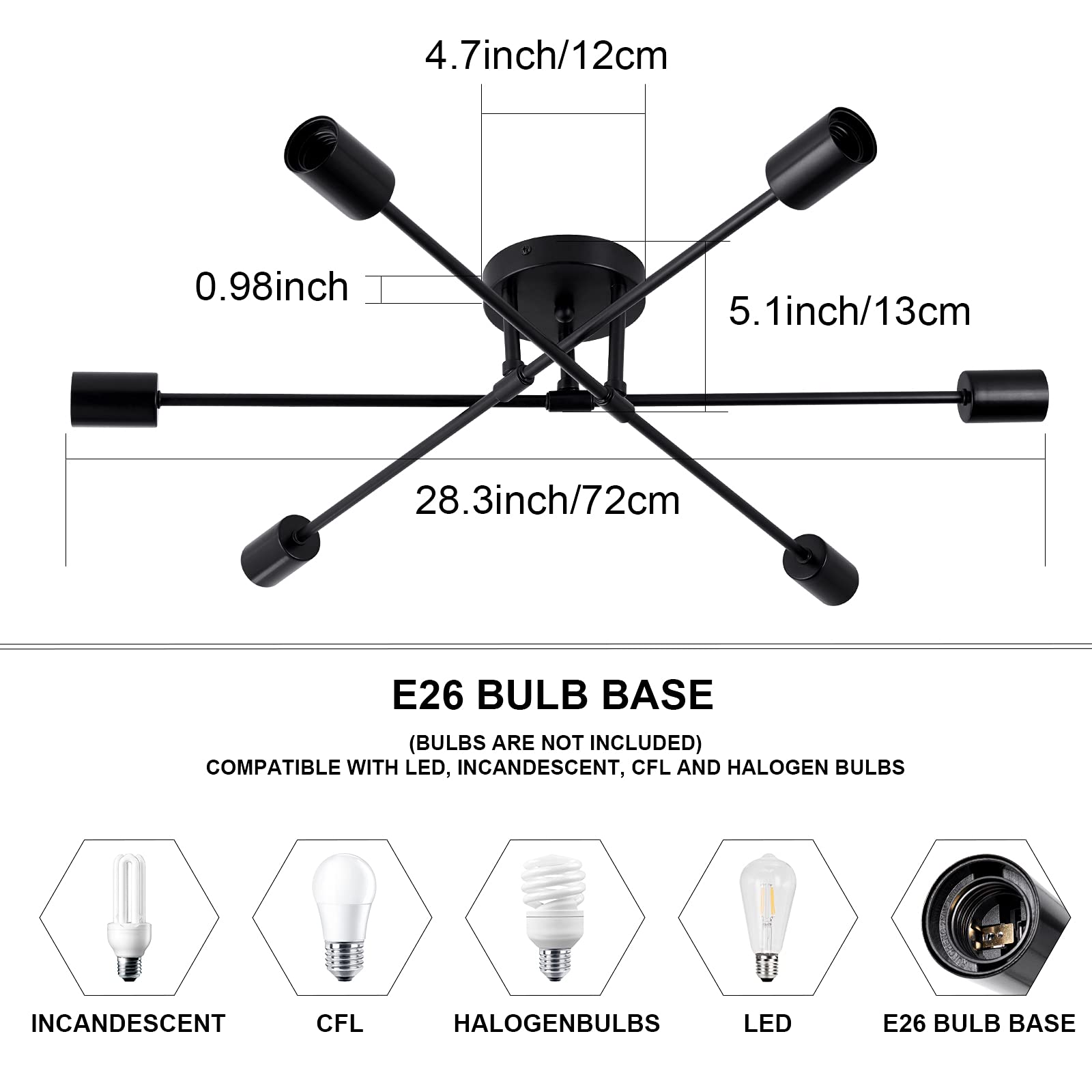 6-Light Sputnik Chandelier - Black Modern Semi Flush Mount Ceiling Light with E26 Base - Mid Century Industrial Vintage Style - Perfect for Kitchen, Farmhouse, Dining Room, Bedroom & Living Room Lighting