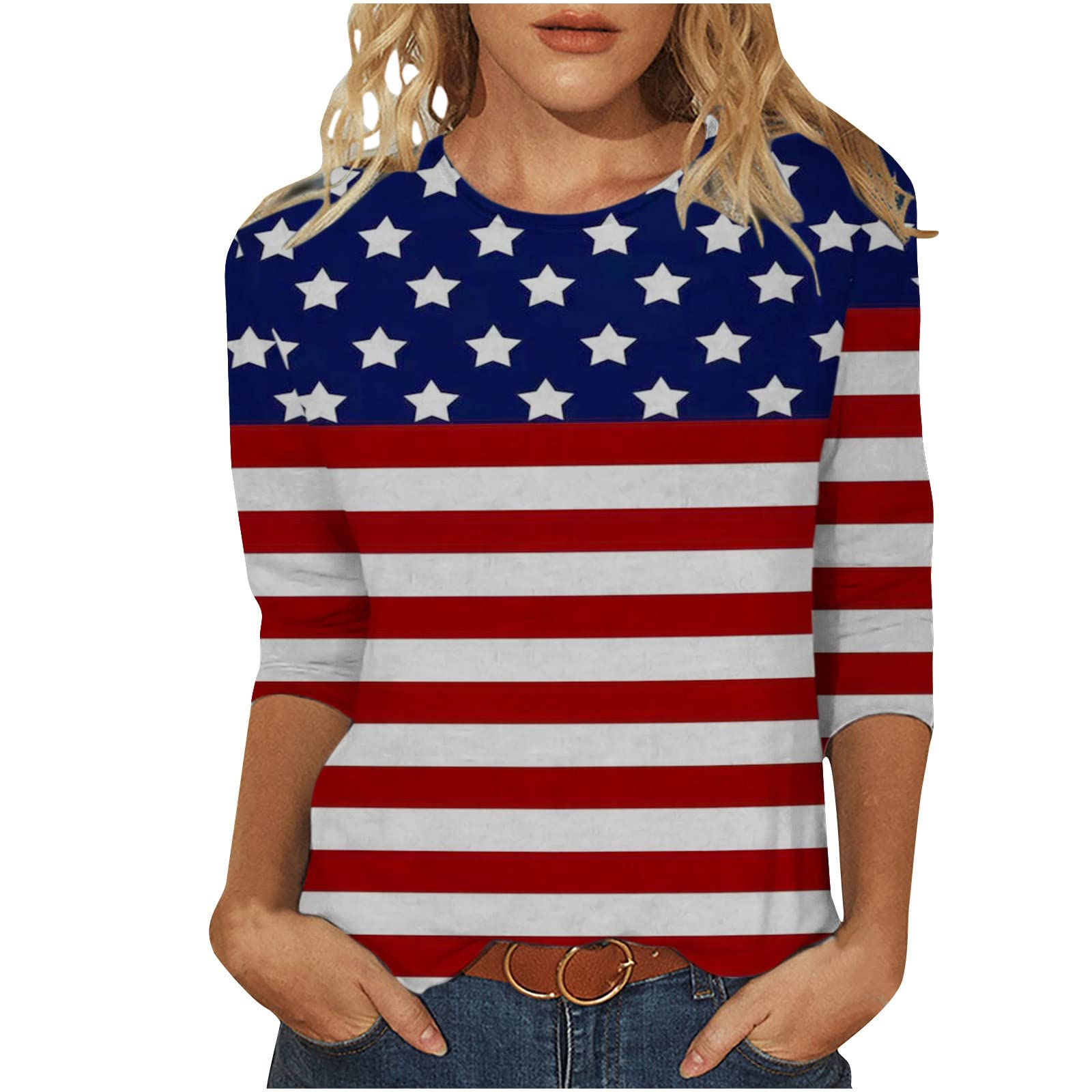Trendy Women's 4th of July American Flag 3/4 Sleeve Blouse - Loose Fit Casual Shirt for Summer, Soft Comfortable Tops for Independence Day Celebrations, Beach Outings & Patriotic Events