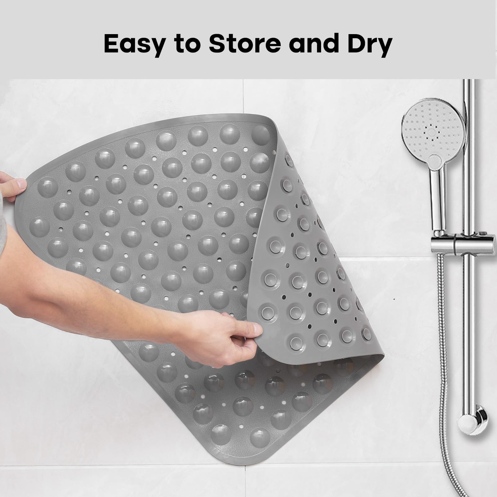Non-Slip Corner Shower Mat 21x21 Inches - Triangle Bath Mat with Suction Cups for Shower Stall, Machine Washable, Grey - Perfect for Bathroom Safety & Wet Area Protection