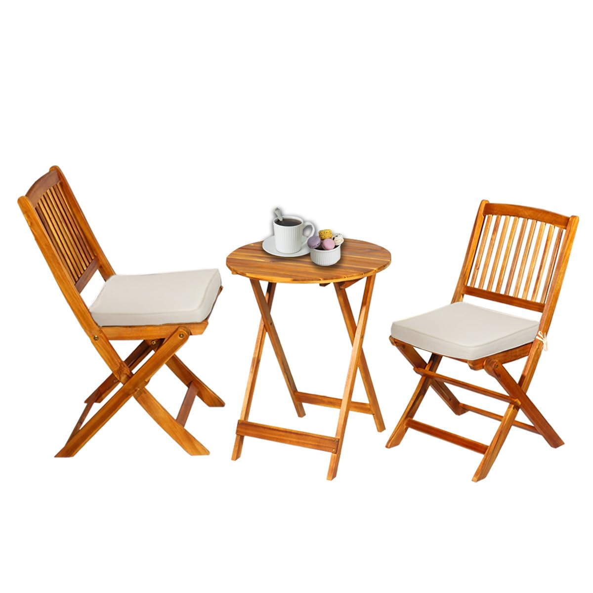S AFSTAR 3-Piece Acacia Wood Patio Bistro Set with Folding Chairs, Round Coffee Table & Padded Cushions - Outdoor Dining Set for Garden, Balcony, Poolside, Porch & Backyard (Beige) - Perfect for Morning Coffee, Afternoon Tea, and Relaxing Evenings