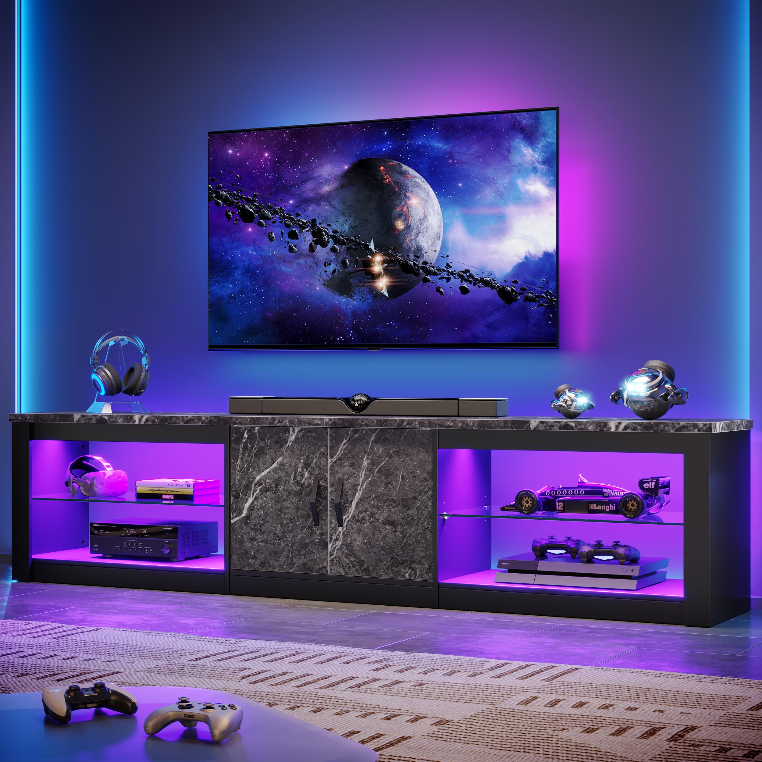 Bestier 80 Inch TV Stand for 75-86 Inch TVs with Storage Cabinet & Adjustable Glass Shelves - Modern Entertainment Center for Living Room & Bedroom - Compatible with PS5, Gaming Consoles & LED TVs - Black Marble Finish for Stylish Home Decor
