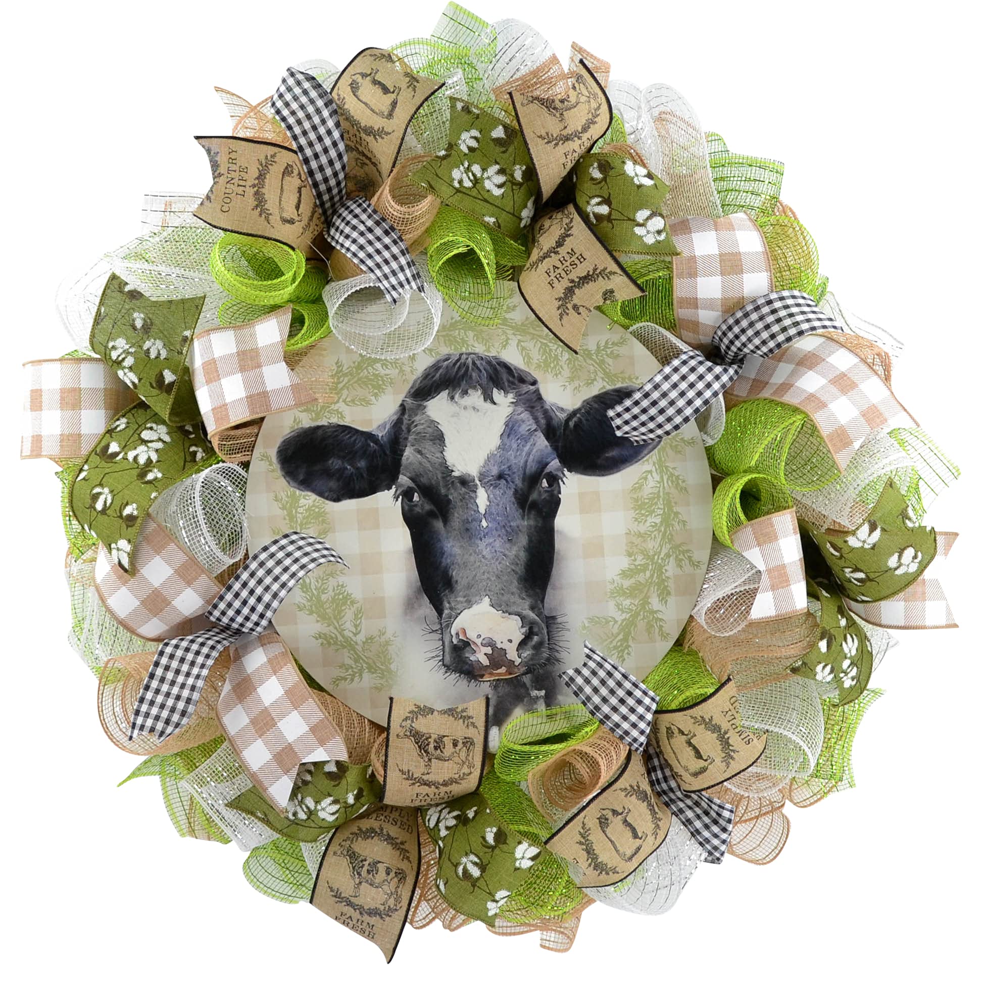 Farmhouse Cow Wreath - Rustic Black White Green Decor for Front Door - Perfect Year Round Wreath for Birthday Gift, Housewarming & Farmhouse Style Home Decor (Kitchen, Living Room, Porch)