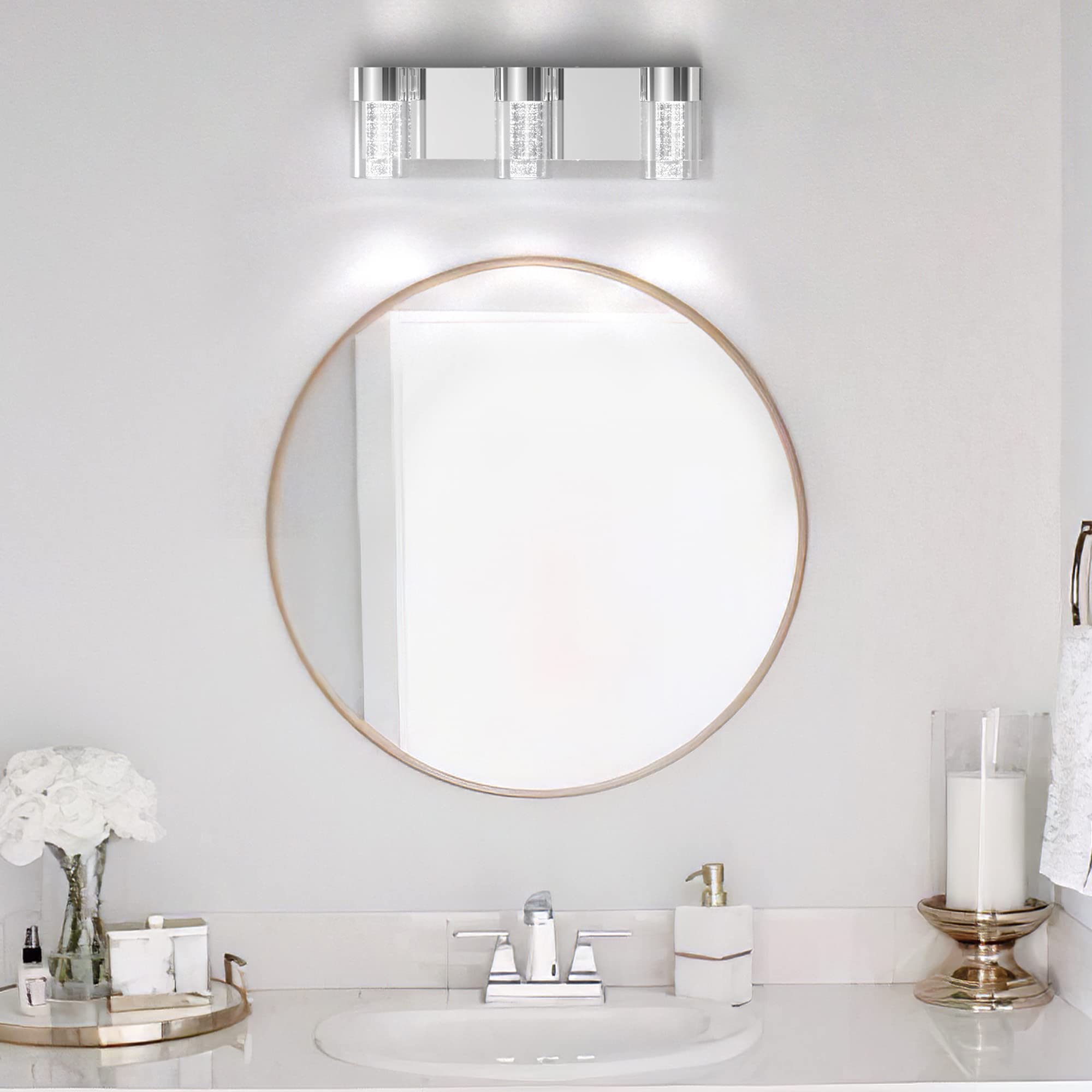 Modern Chrome LED Bathroom Vanity Light Fixture - 3 Light Crystal Bubble Glass Cylinder Design for Bathroom Mirror (6400K) | Perfect for Bathroom, Powder Room & Dressing Room Lighting
