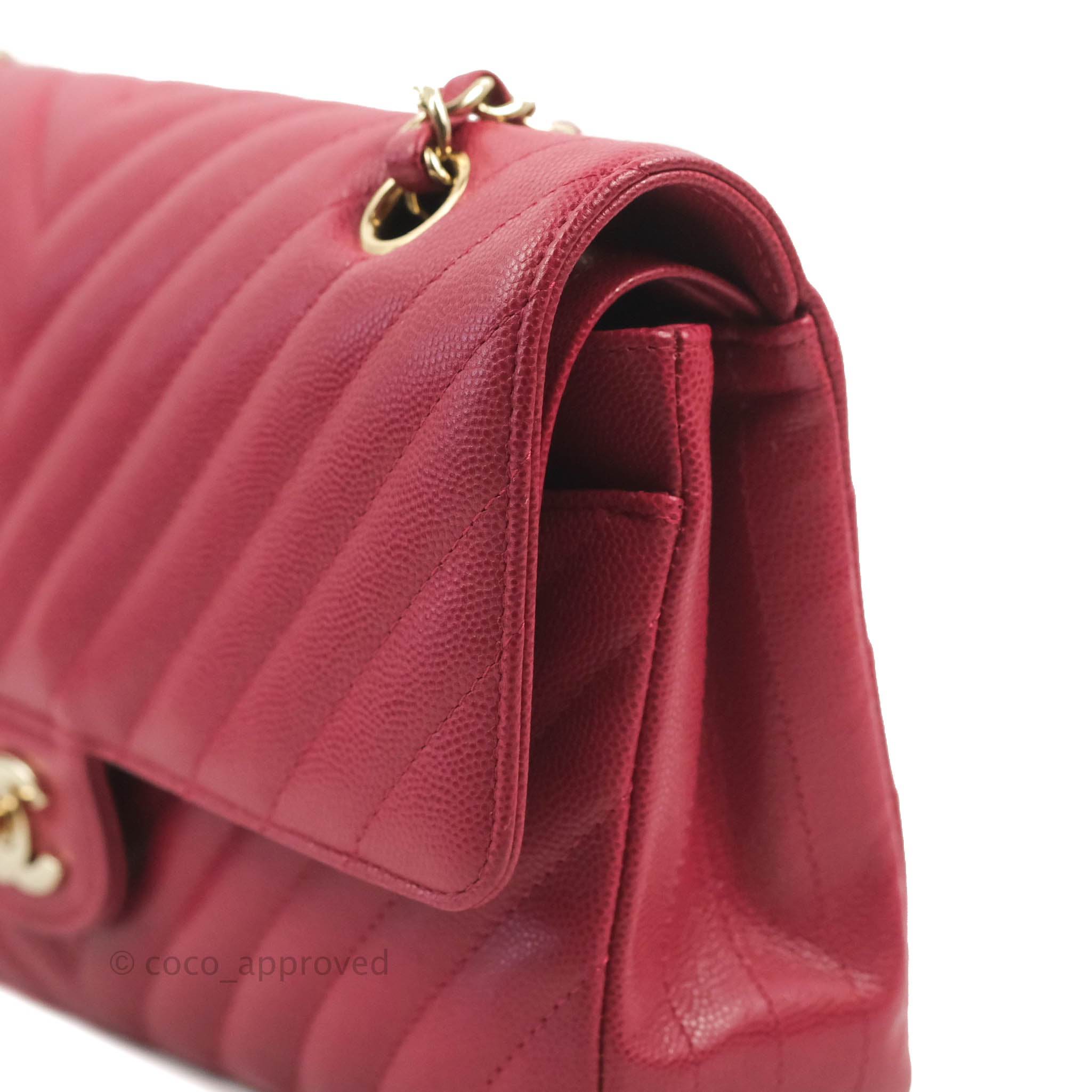Chanel Classic M/L Medium Chevron Double Flap Bag in Cherry Red Caviar Leather with Gold Hardware - Perfect for Evening Events, Luxury Gifts & Fashionable Outfits
