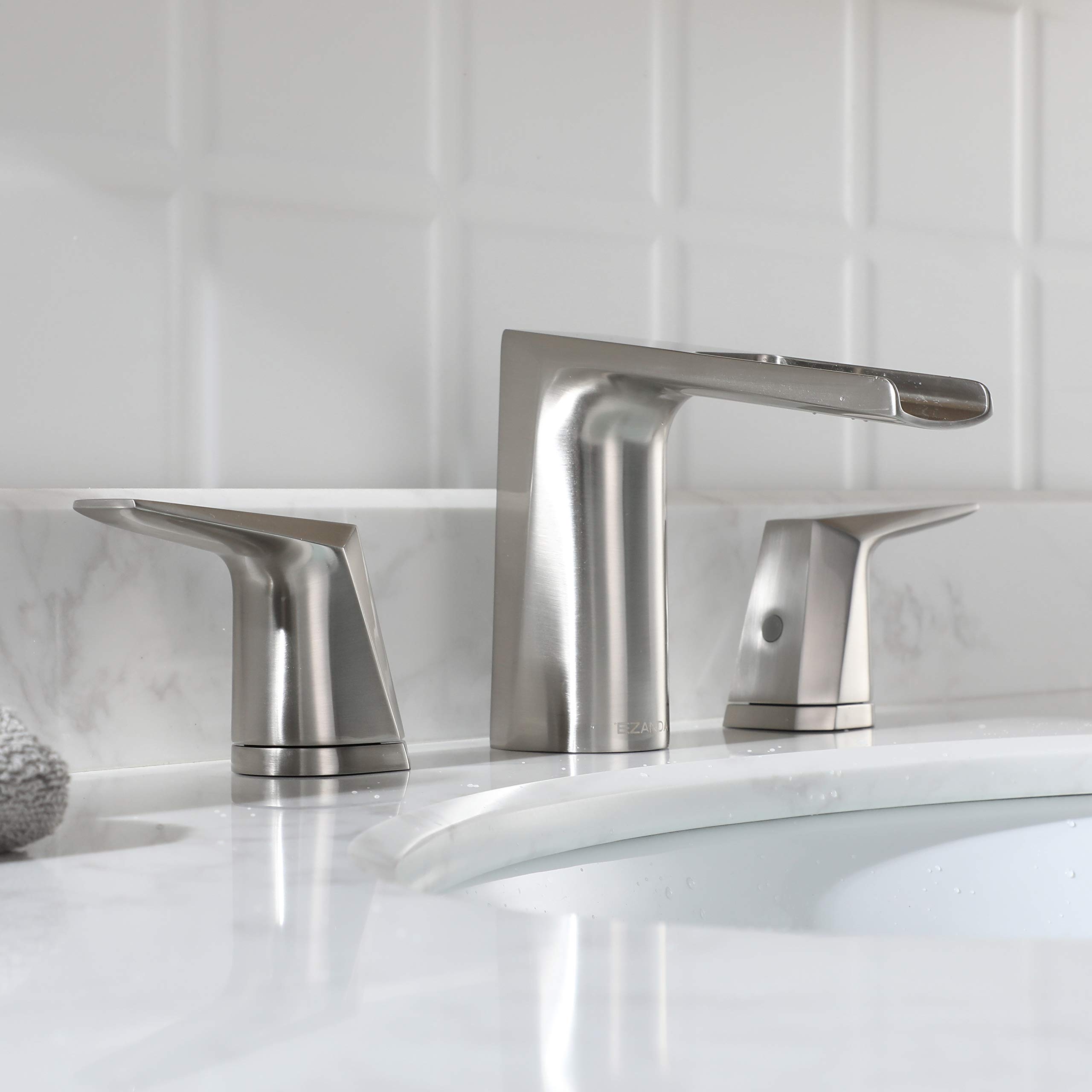 Brass Waterfall Bathroom Sink Faucet - Widespread 2-Handle Vanity Faucet with Pop-Up Drain & Supply Lines in Brushed Nickel (Model 1431202) - Perfect for Modern Bathroom Renovations & Luxury Home Decor