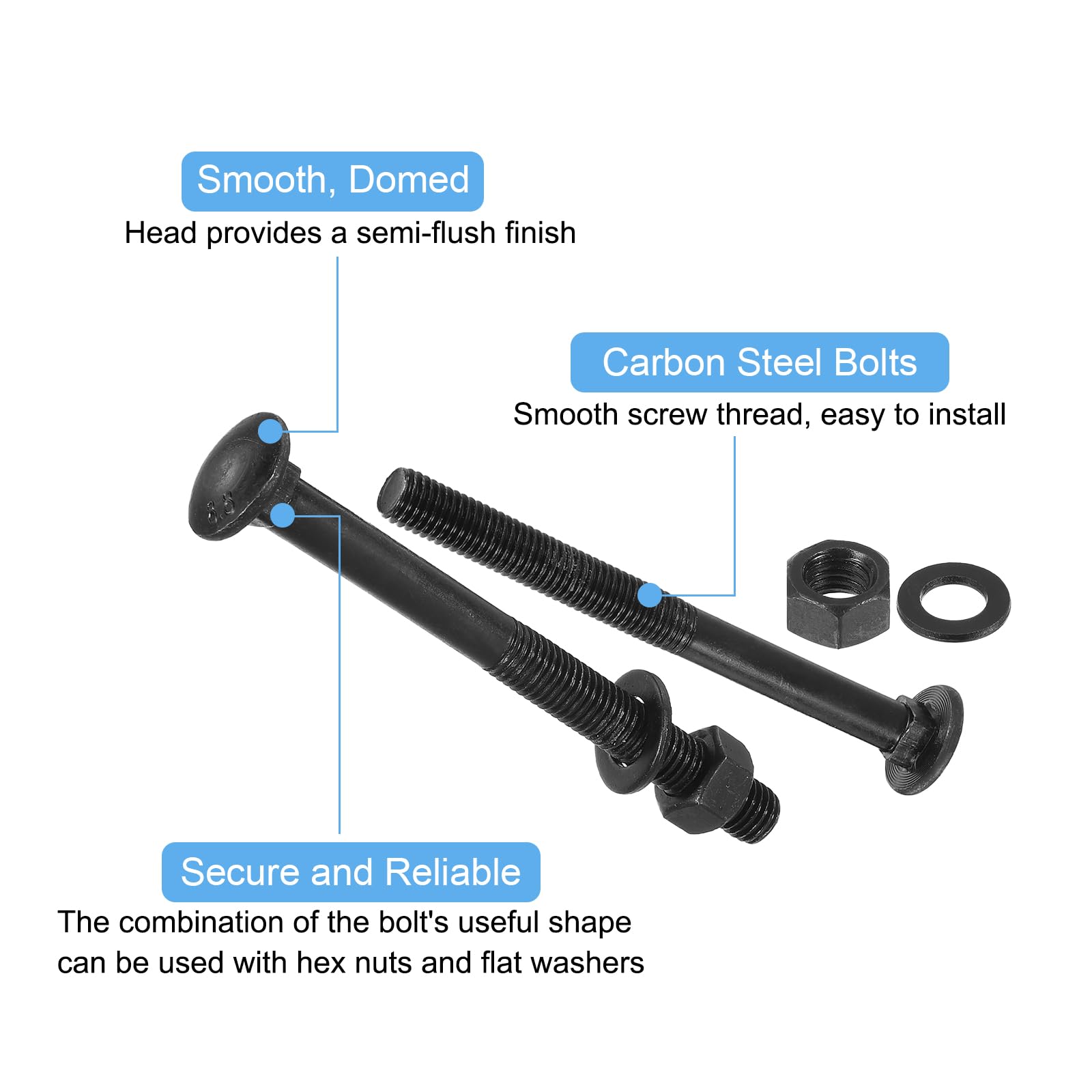 uxcell 25-Piece M10 x 70mm Carriage Bolt Kit - Carbon Steel Black Oxide Round Head Square Neck Screws with Washers & Nuts - Heavy Duty Fasteners for Furniture, Decking, and Construction Projects