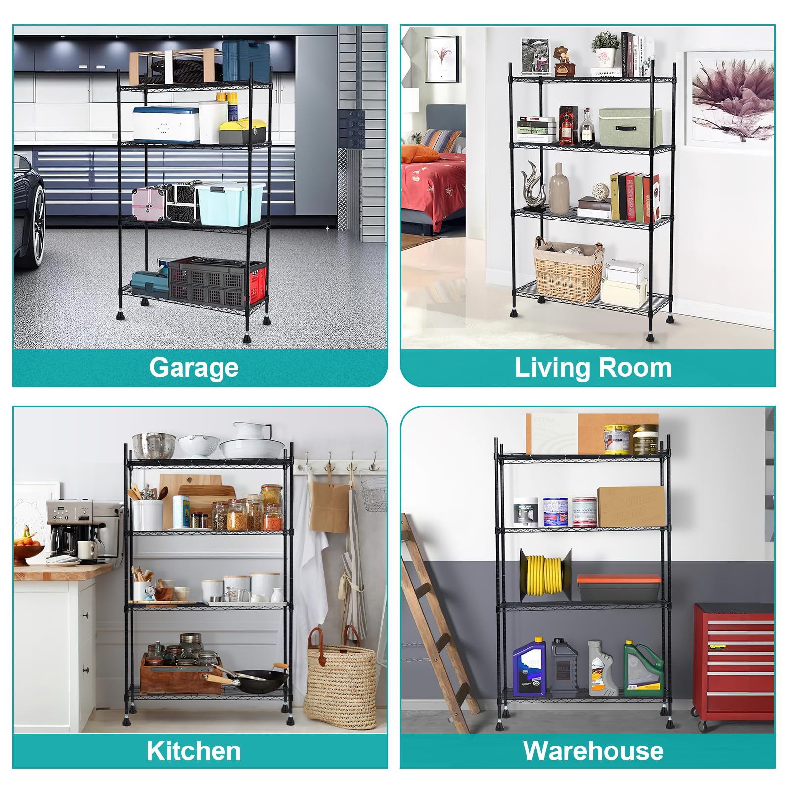 GARVEE 4-Tier Adjustable Heavy Duty Metal Storage Shelving - Cold Rolled Round Tube Steel, Durable Space-Saving Shelves for Garage, Kitchen, Office & Warehouse Organization