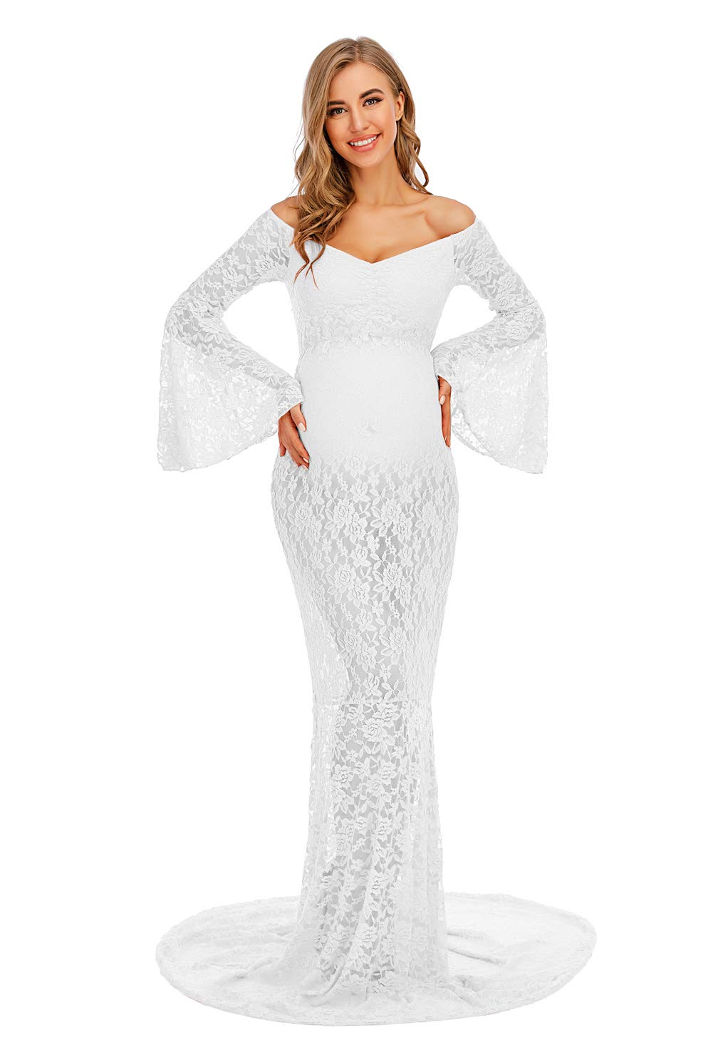 ZIUMUDY Flared Sleeve Lace Maternity Maxi Dress - Off Shoulder See-Through Sexy Pregnancy Gown for Photoshoot, Baby Shower & Special Occasions