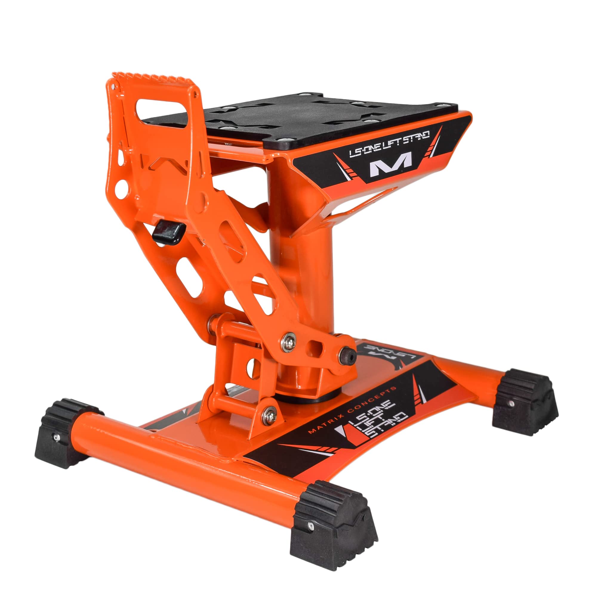 Matrix Concepts LS1 Dirt Bike Lift Stand - Heavy Duty Carbon Steel Construction, 500 lbs Weight Capacity for Motorcycles & Mini Bikes - Includes Sticker Pack (Orange) - Perfect for Garage Maintenance & Off-Road Bike Storage