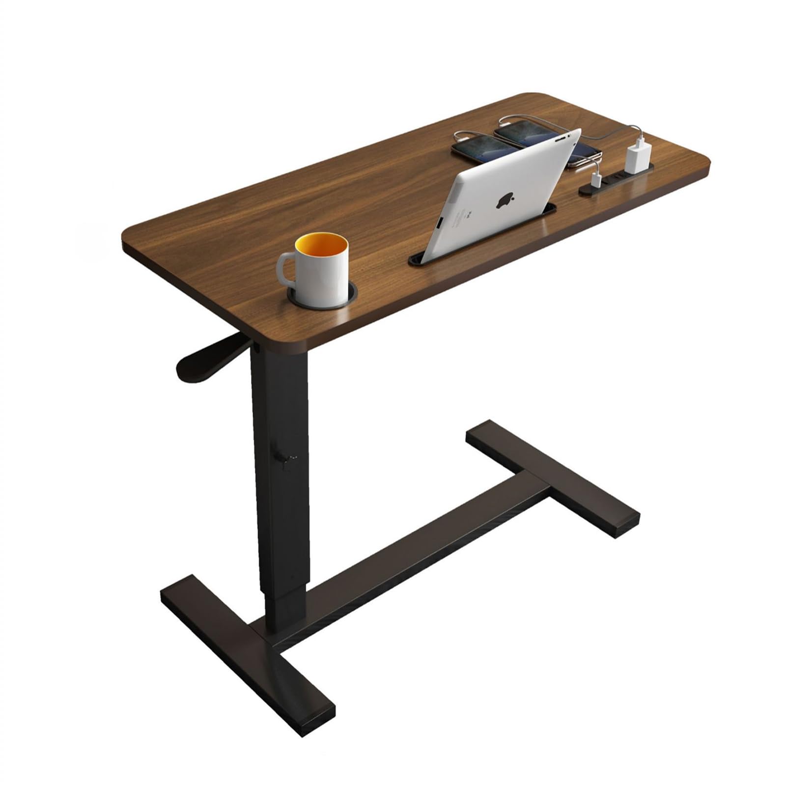 Adjustable Overbed Table with USB & Power Outlet - Mobile Standing Desk with Hidden Wheels, Cup Holder & Pneumatic Lift - Perfect for Laptop Use, Hospital Beds & Home Office Workspace - Brown