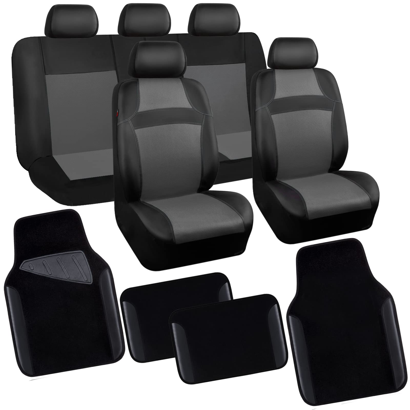 Premium Leather Car Seat Covers & Floor Mats Set - Universal Fit for SUV, Sedan, Truck - Breathable Mesh with 5mm Sponge Padding - Airbag Compatible Auto Interior Protection (Black/Charcoal Gray) - Perfect for Road Trips, Daily Commutes & Vehicle Upgrades