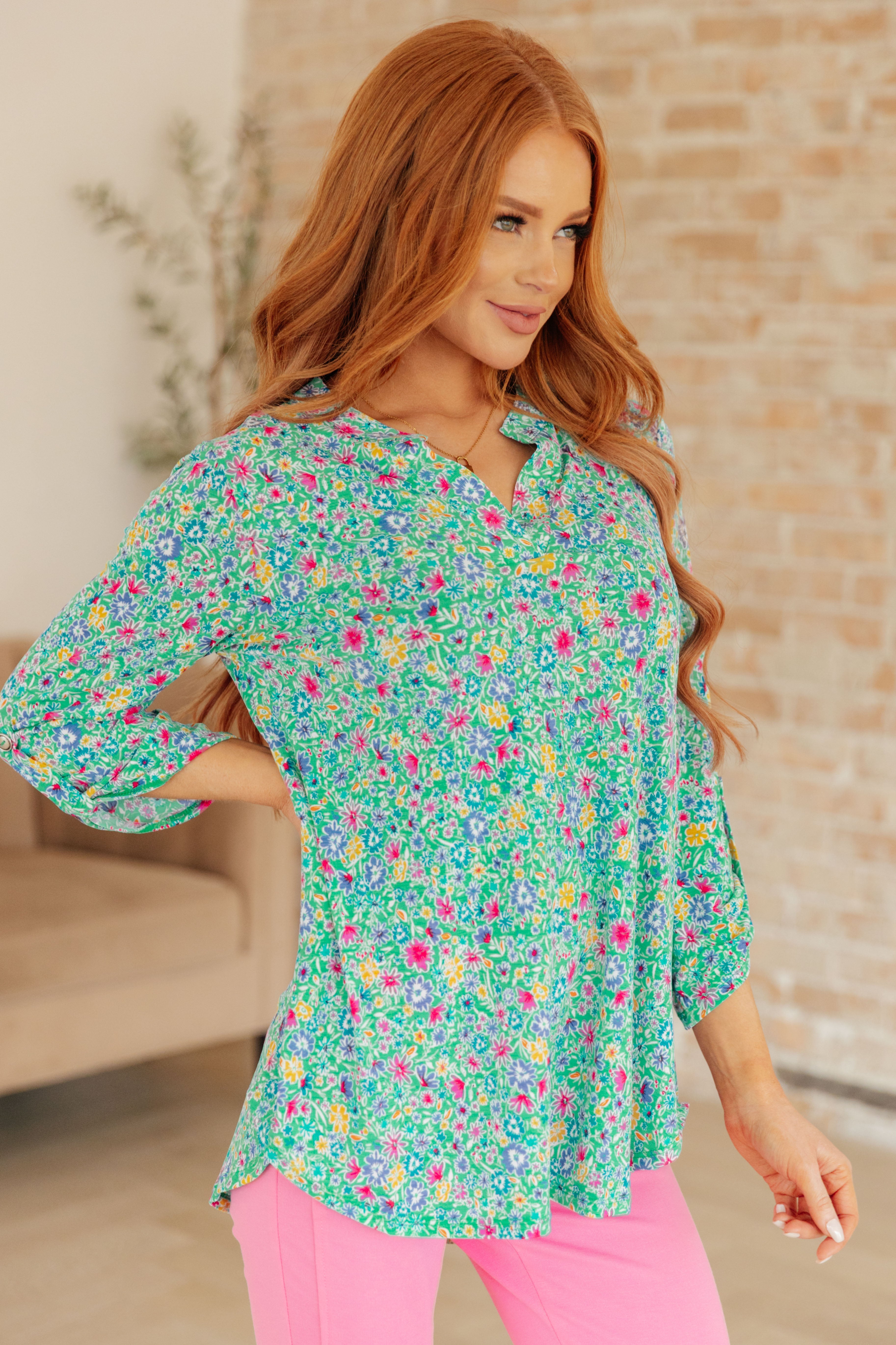 Emerald Green Floral Print Lizzy Gabby Women's Blouse - Perfect for Spring Outfits, Casual Wear & Office Attire