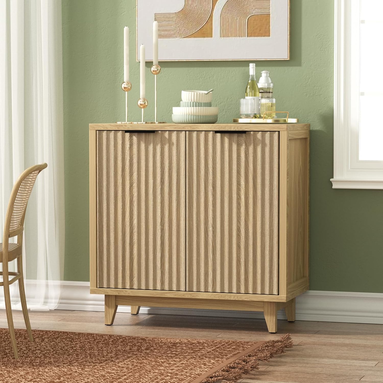 Mid Century Modern Fluted Sideboard Buffet Cabinet with 2 Doors & Adjustable Shelves - Multifunctional Storage Console Table for Living Room, Kitchen, Entryway - Perfect for Dining Room Storage, Hallway Organization & Home Decor