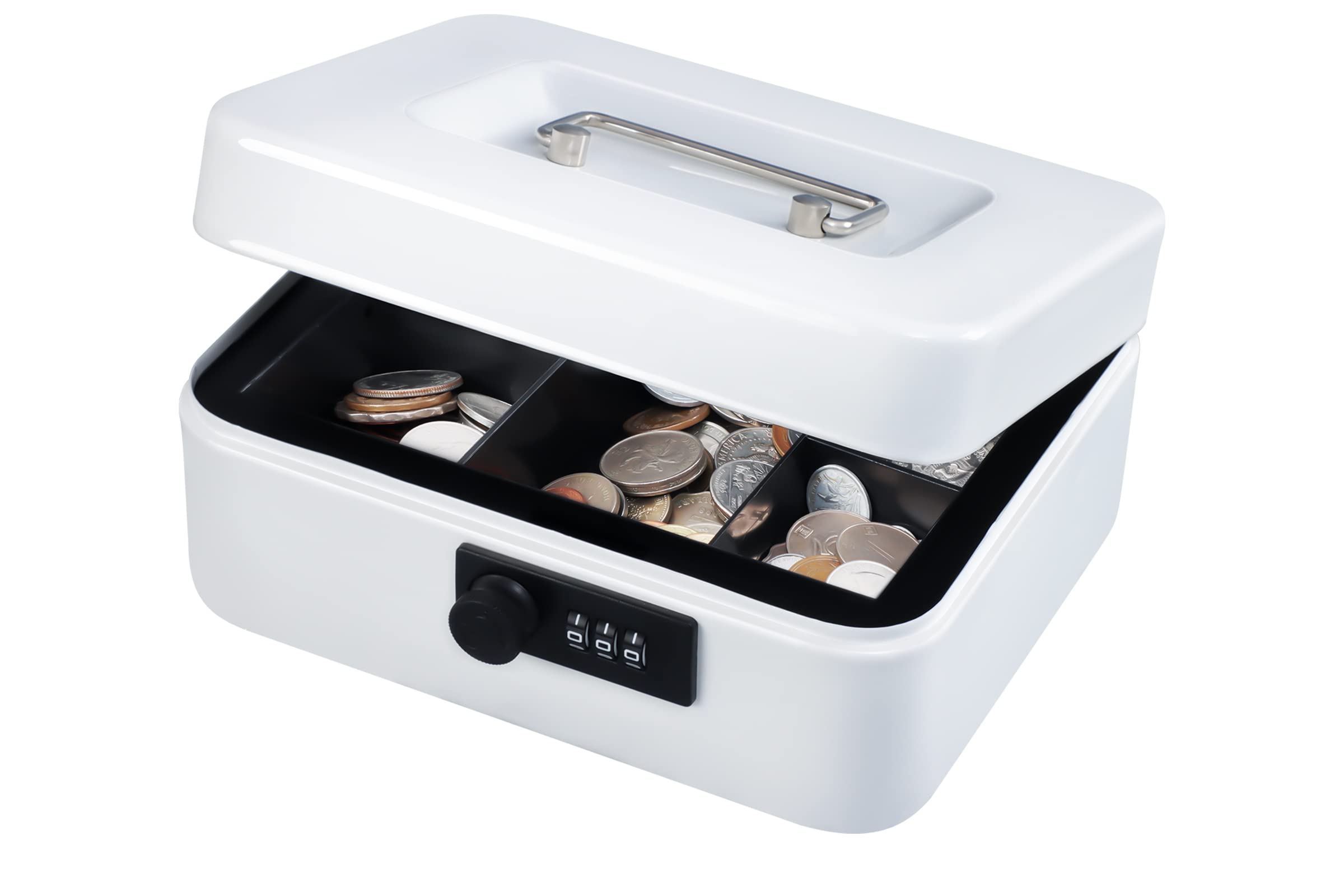 KYODOLED Medium Cash Box with Combination Lock - Secure Metal Money Storage Safe Box with Removable Tray (7.87x6.30x3.54 Inches, White) - Ideal for Home, Office, Retail Stores & Small Business Cash Management