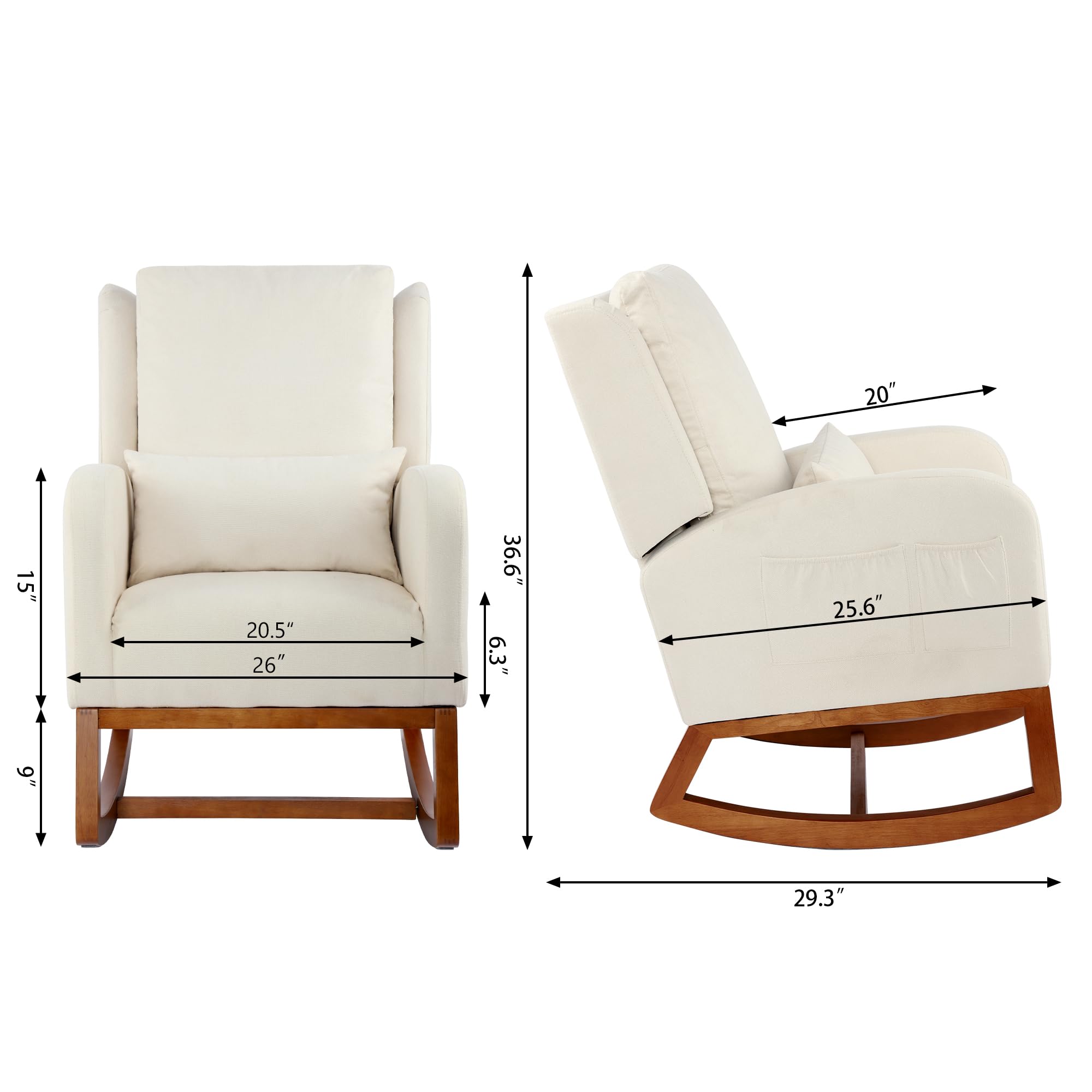 DAGONHIL Nursery Glider Rocking Chair - High Back Upholstered Armchair with Side Pocket & Pillow, Solid Rubber Wood Legs, Soft Flannel Fabric - Perfect for Nursery, Living Room & Bedroom (Beige) | Comfortable Seating for Breastfeeding, Reading & Relaxing