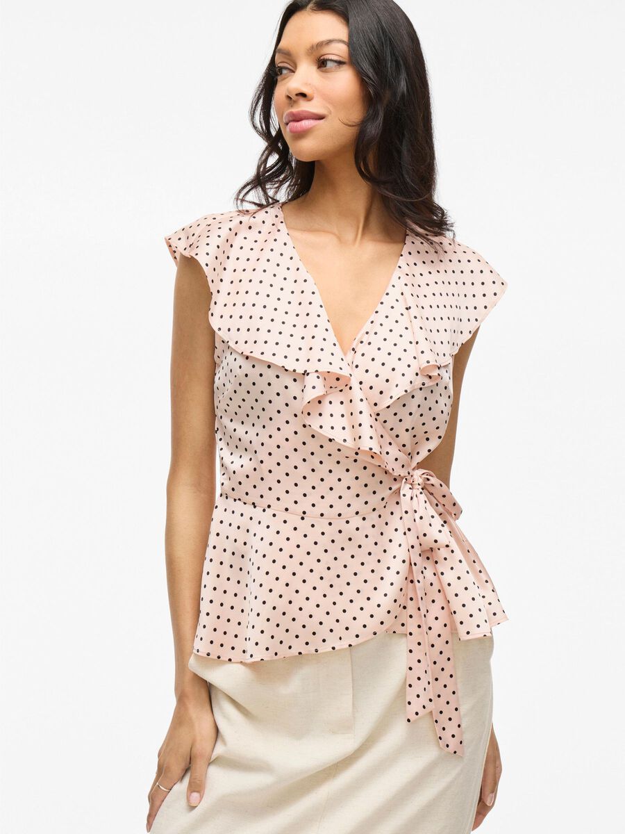 Kimberly Wrap Top Women's Blouse - Peach Whip with Black Polka Dots | Floral Print Wrap Shirt for Casual Wear, Office Outfits & Spring Summer Fashion