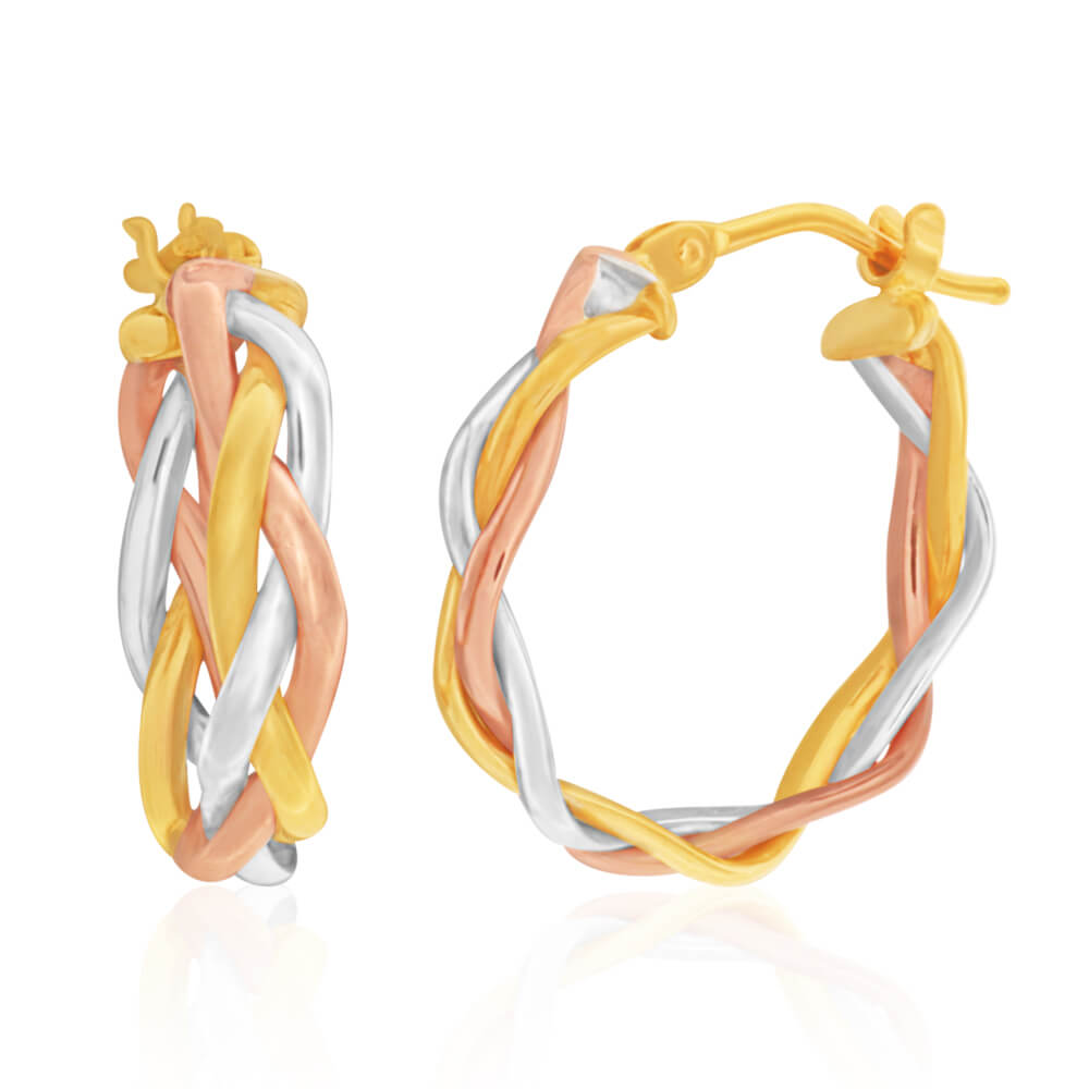 9ct Three-Tone Gold Fancy Braided 3mm x 15mm Hoop Earrings for Women - Elegant Everyday Jewelry for Work, Parties & Special Occasions