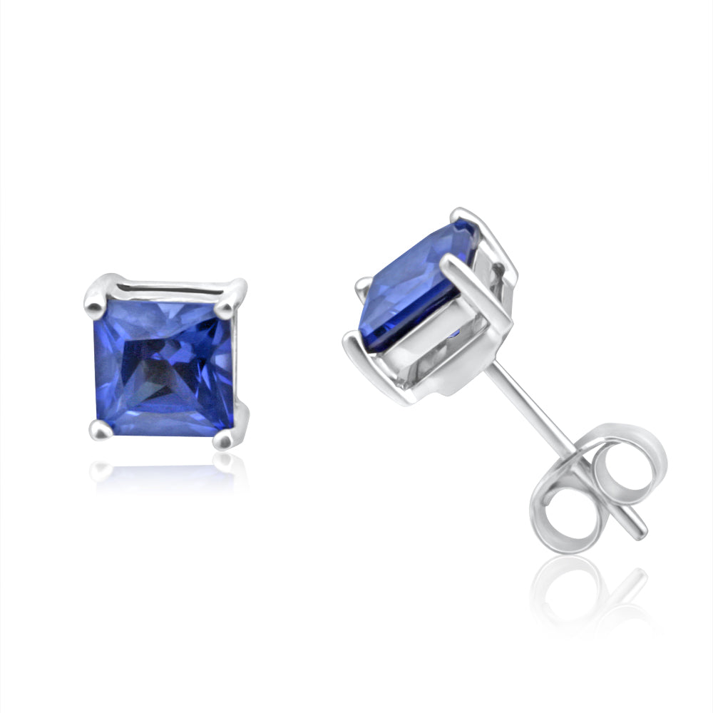 9ct White Gold Princess Cut Created Sapphire Stud Earrings 5mm - Elegant Jewelry for Women, Perfect for Weddings, Parties & Daily Wear